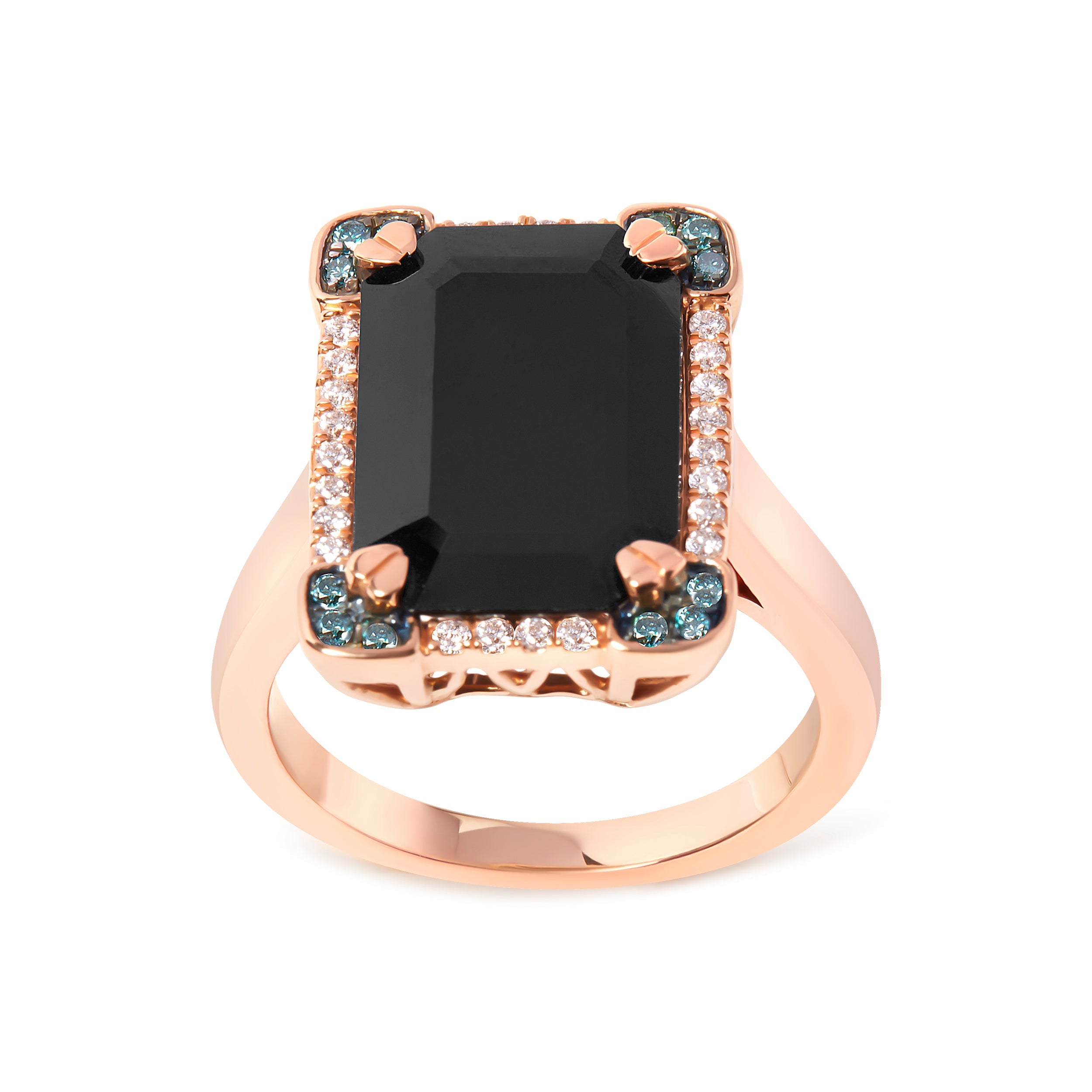 14K Rose Gold 15x10 MM Emerald-Cut Black Onyx and 1/5 Cttw Blue and White Diamond Halo Cocktail Ring G-H Color, SI1-SI2 Clarity - Size 7 on sale at MyriadMart