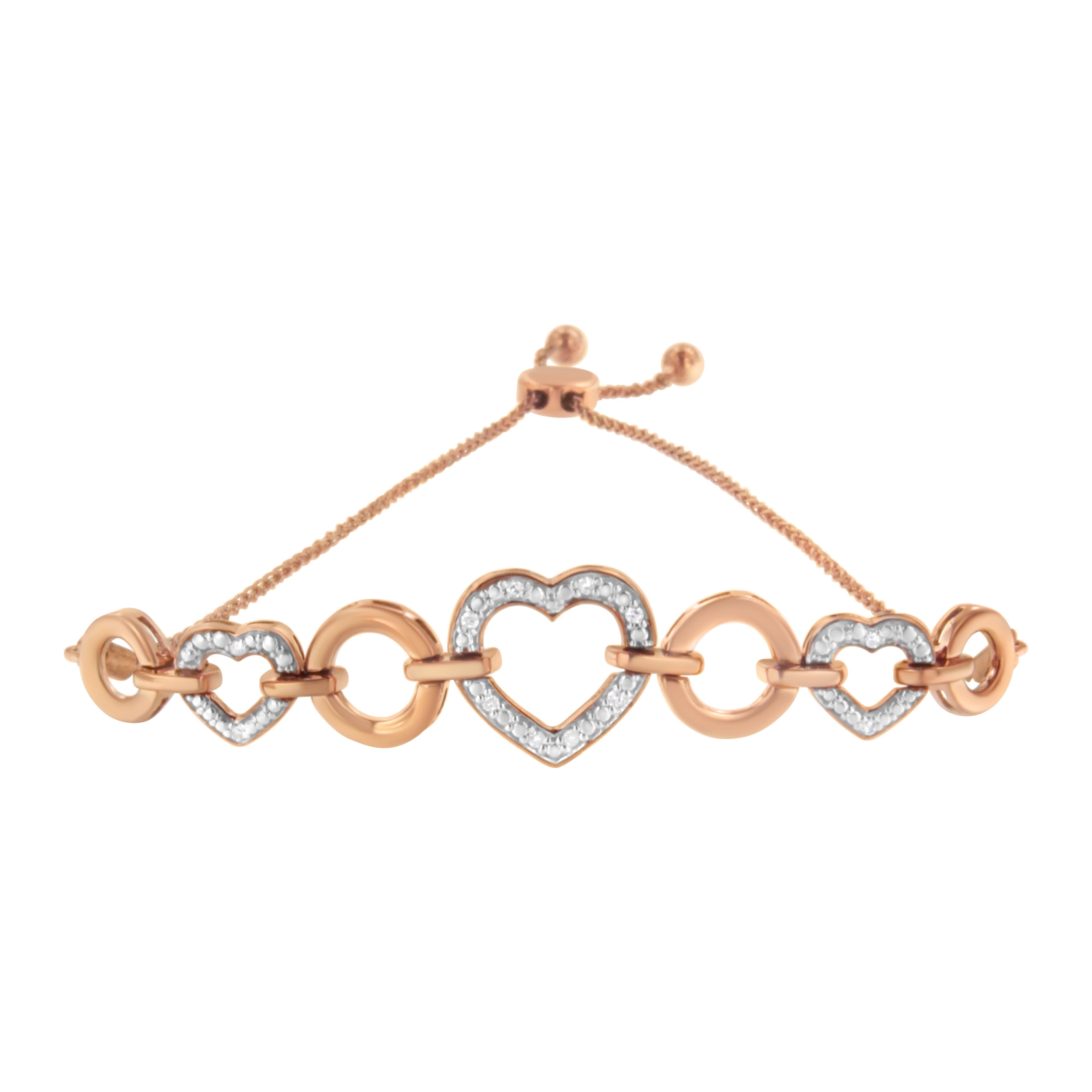 14K Rose Gold Plated .925 Sterling Silver Diamond Accent Circle and Heart Link Adjustable 6â€-10†Bolo Bracelet I-J Color, I3 Clarity on sale at MyriadMart