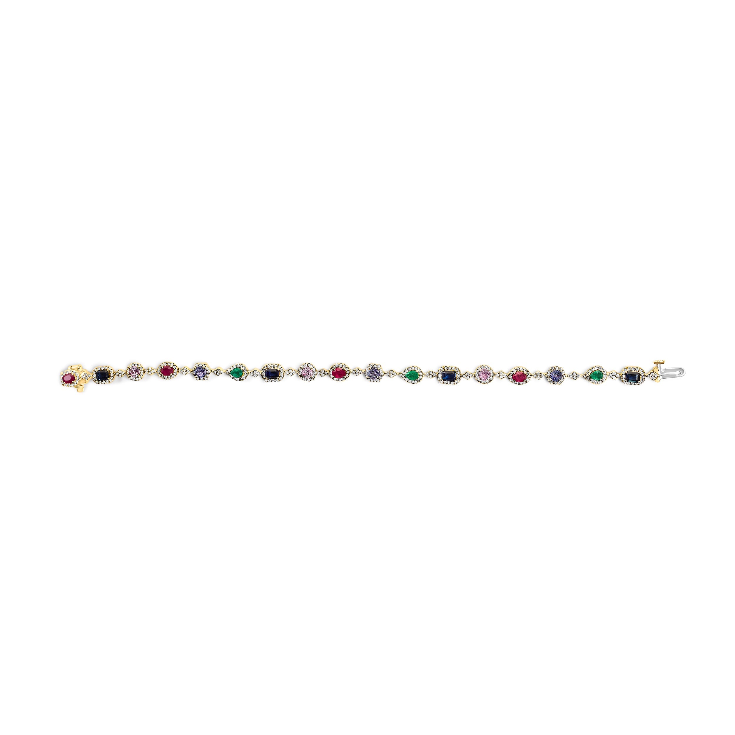 14K Yellow Gold Multi-Gemstone and Diamond Halo Rainbow Link Bracelet on sale at MyriadMart