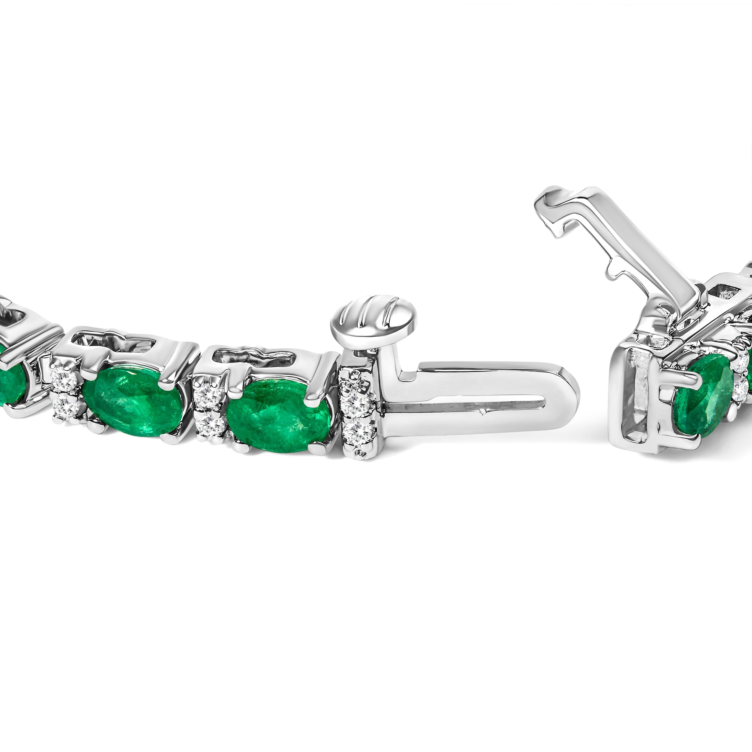 14K White Gold Alternating Oval Green Emerald and Diamond Tennis Bracelet on sale at MyriadMart
