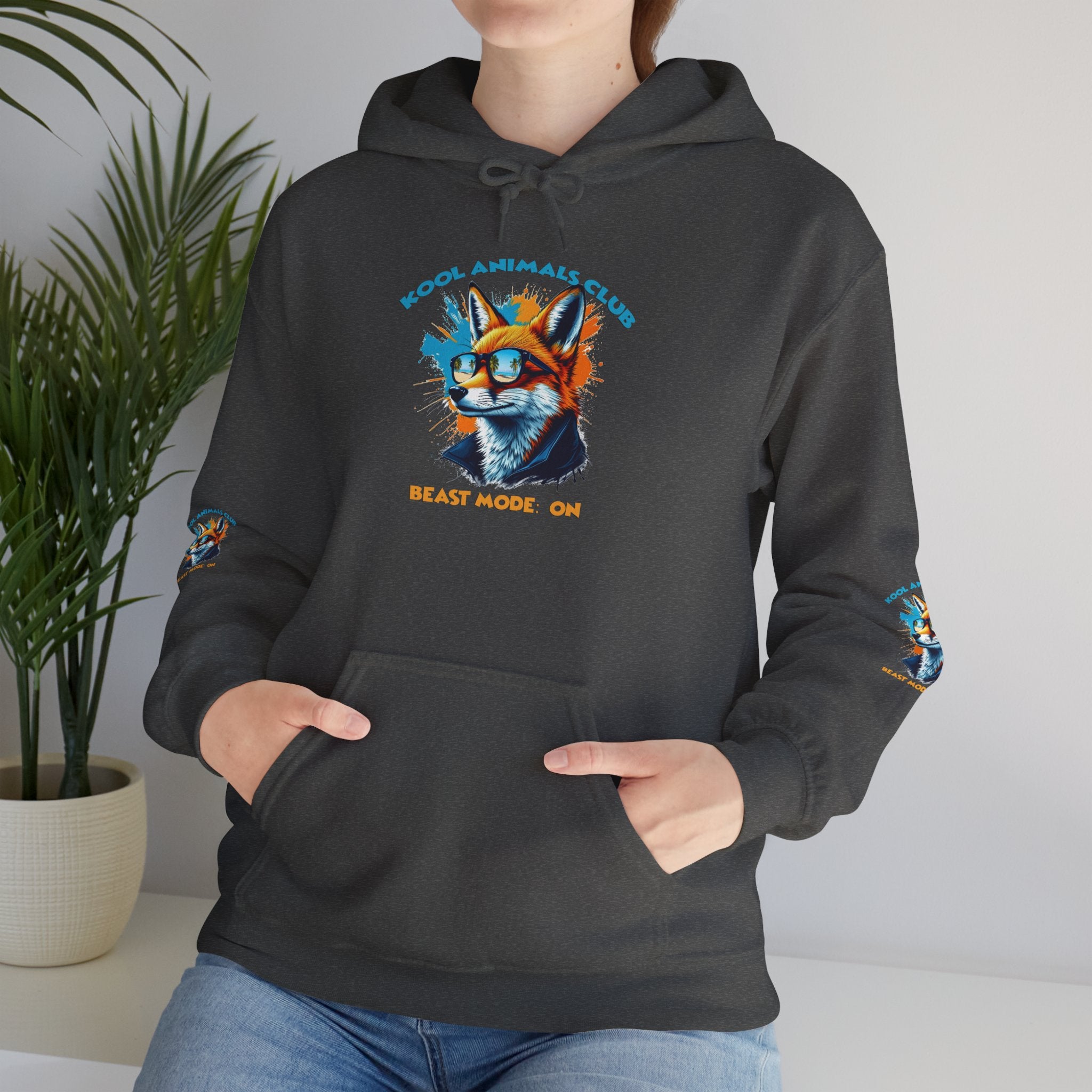 Kool Animals Club Hoodie with Cool Fox in Sunglasses and ‘Beast Mode On’ Design, Unisex Sweatshirt for Animal Lovers, Casual Streetwear, Perfect Gift for Holidays on sale at MyriadMart