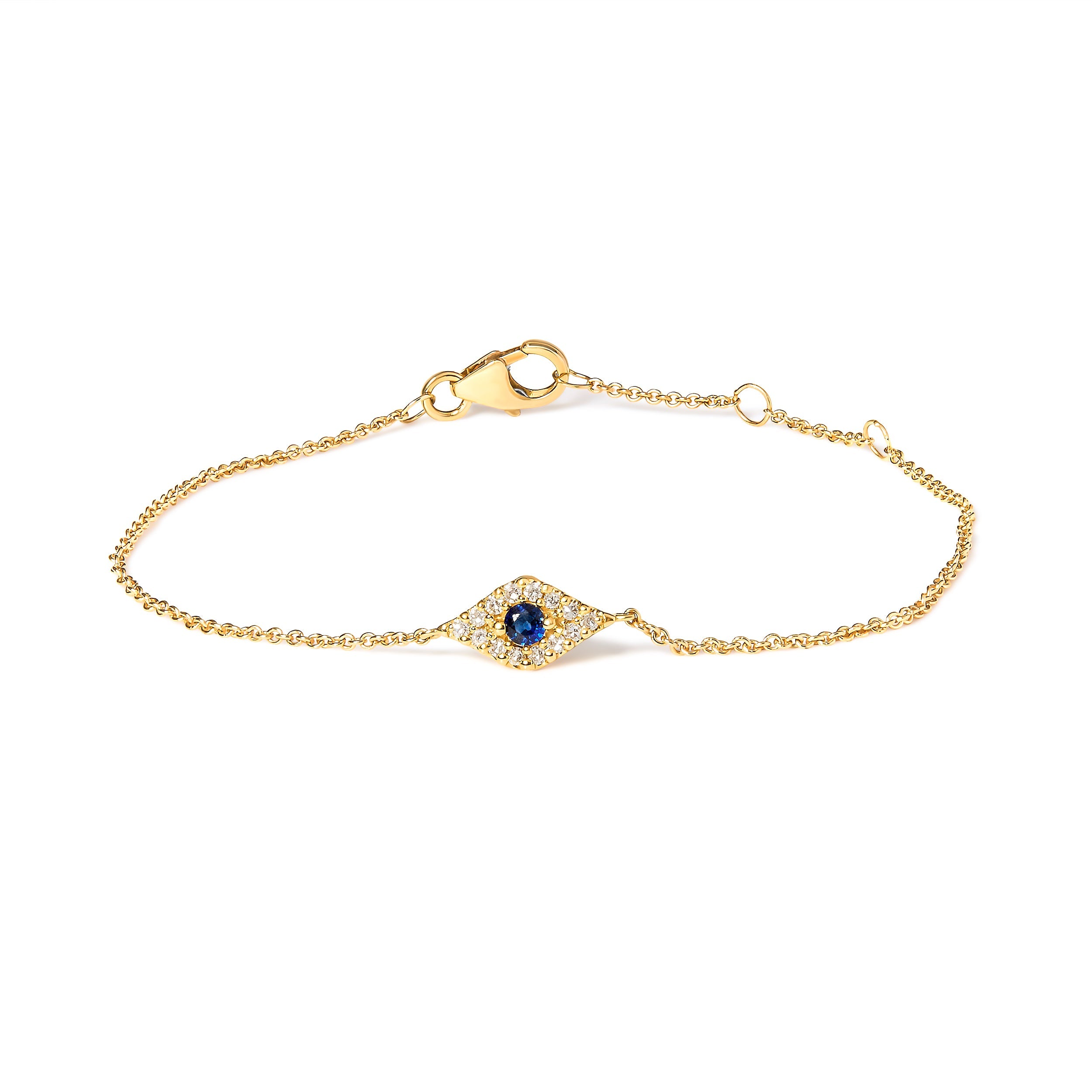 10K Yellow Gold Blue Sapphire and Diamond Accent Evil Eye Station Link Bracelet H-I Color, I1-I2 Clarity - Size 7" on sale at MyriadMart