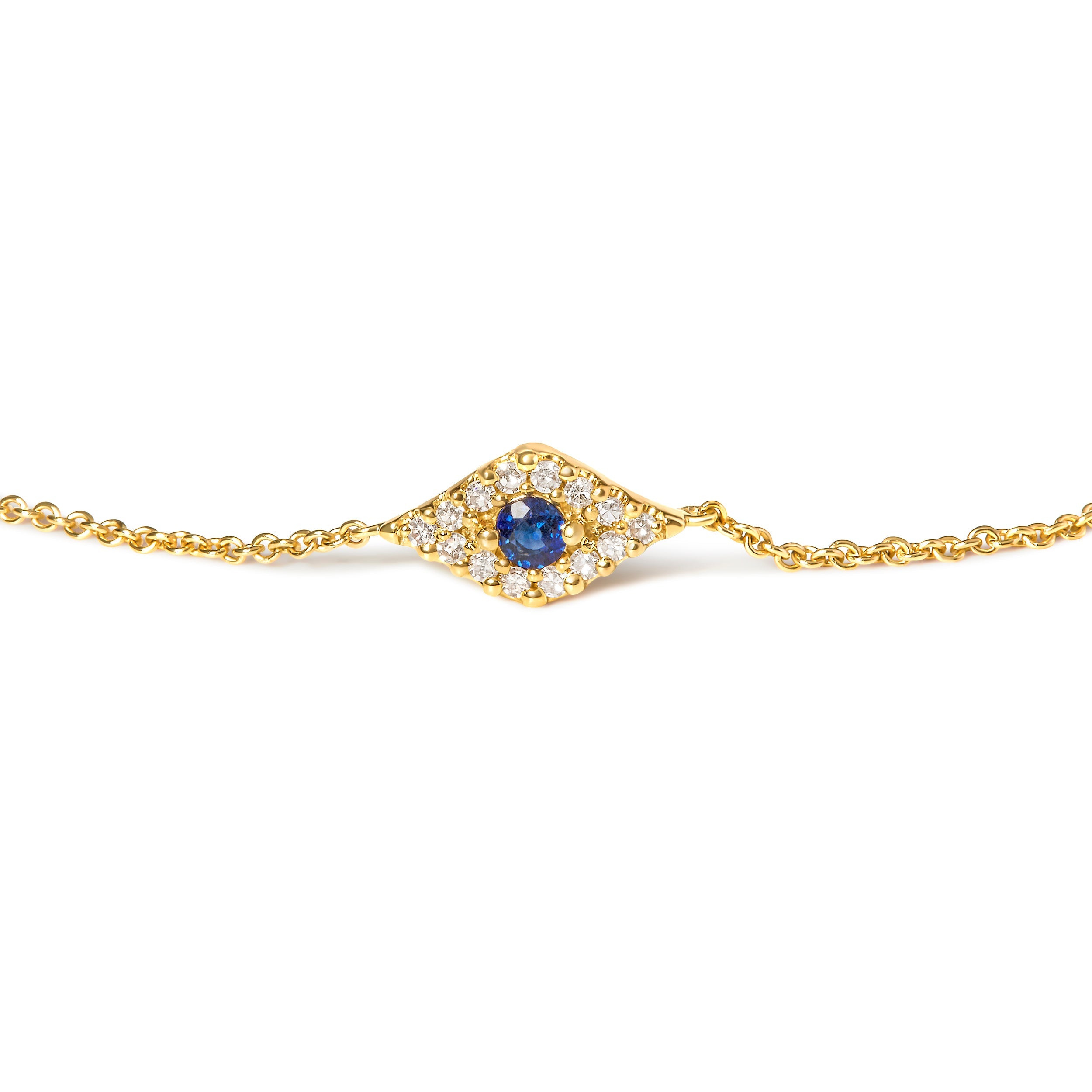 10K Yellow Gold Blue Sapphire and Diamond Accent Evil Eye Station Link Bracelet H-I Color, I1-I2 Clarity - Size 7" on sale at MyriadMart