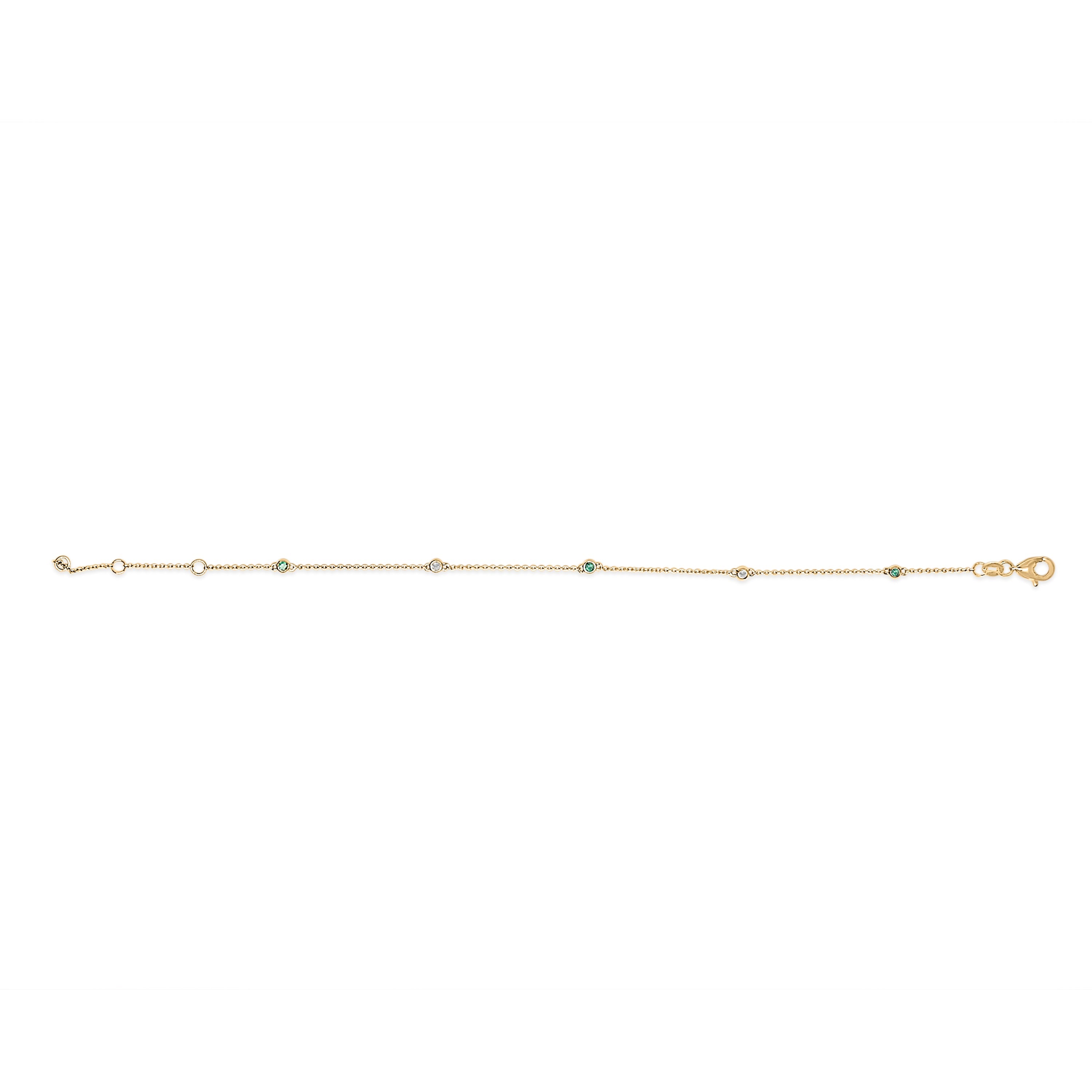 14K Yellow Gold Alternating Green Emerald and Diamond Bezel Station Chain Bracelet - Size 7.5 inch on sale at MyriadMart