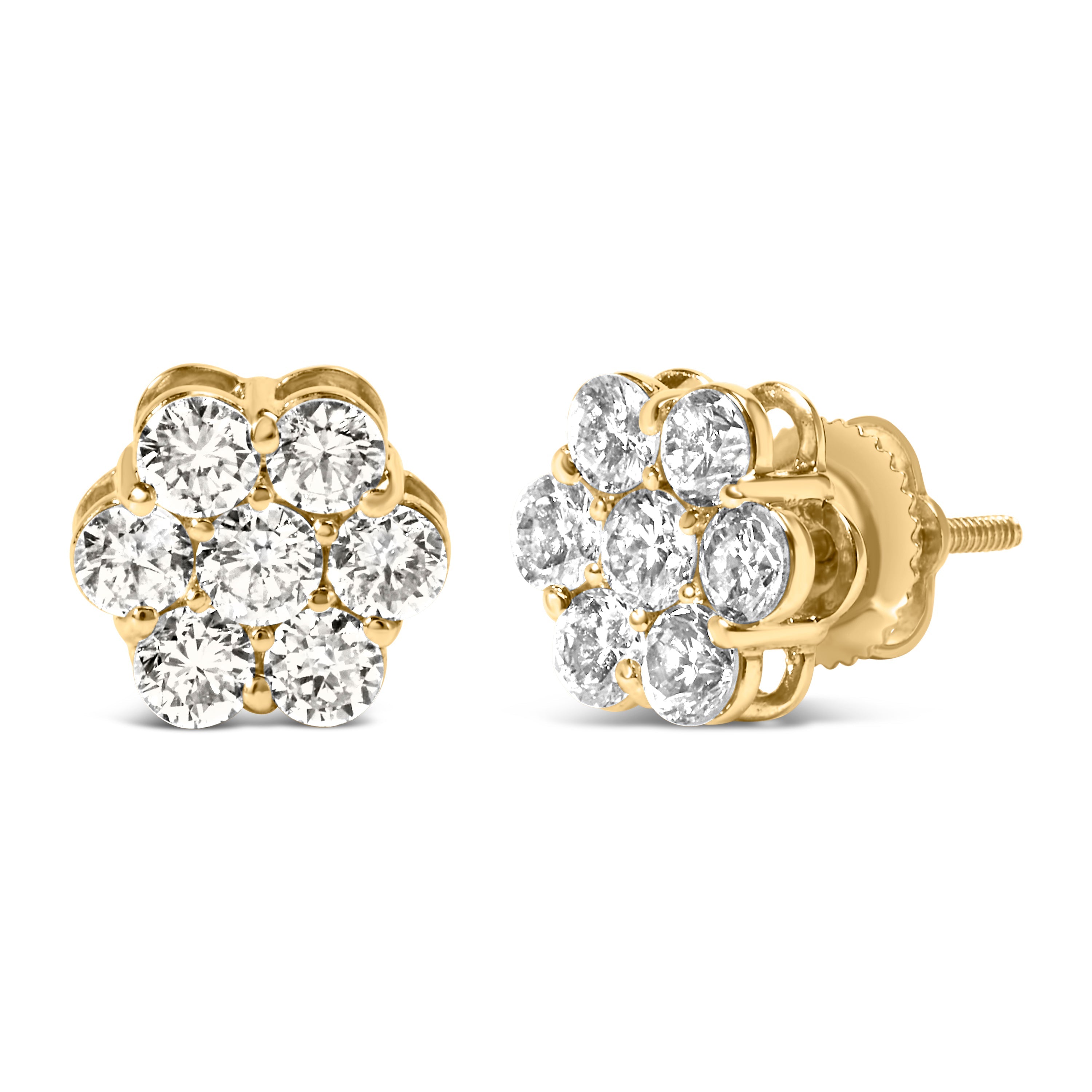 14K Yellow Gold 1 1/2 Cttw 7 Stone Floral Cluster Round Brilliant Cut Diamond Stud Earrings with Screw Backs I-J Color, SI1-SI2 Clarity on sale at MyriadMart