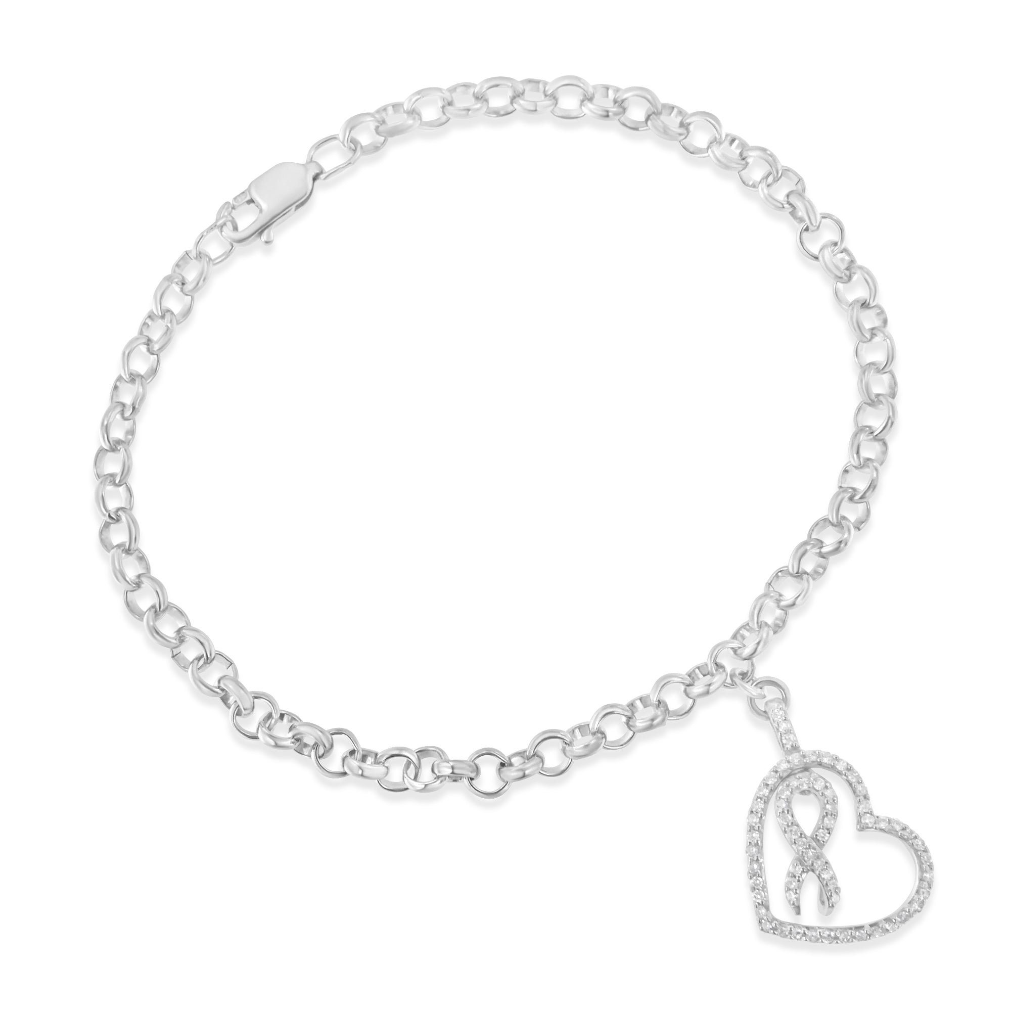 .925 Sterling Silver 1/4 Cttw Diamond-Accented Heart and Ribbon Charm 7" Link Chain Bracelet H-I Color, I1-I2 Clarity on sale at MyriadMart