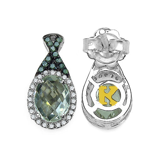 2.55 Carat Genuine Green Amethyst, Green Diamond & White Diamond .925 Sterling Silver Earrings on sale at MyriadMart