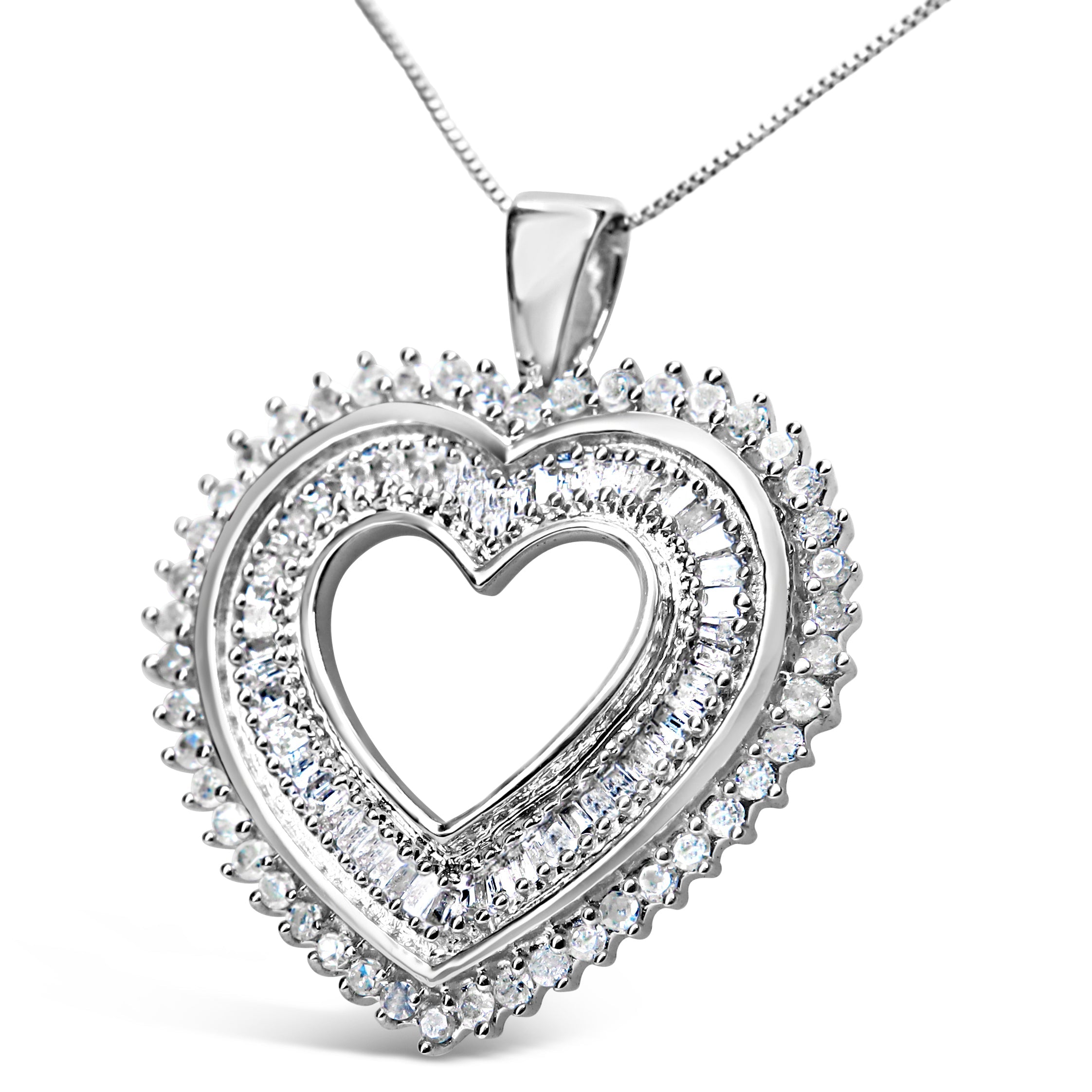.925 Sterling Silver 1.0 Cttw Baguette and Round Diamond Heart Pendant 18" Necklace H-I Color, I3 Clarity on sale at MyriadMart