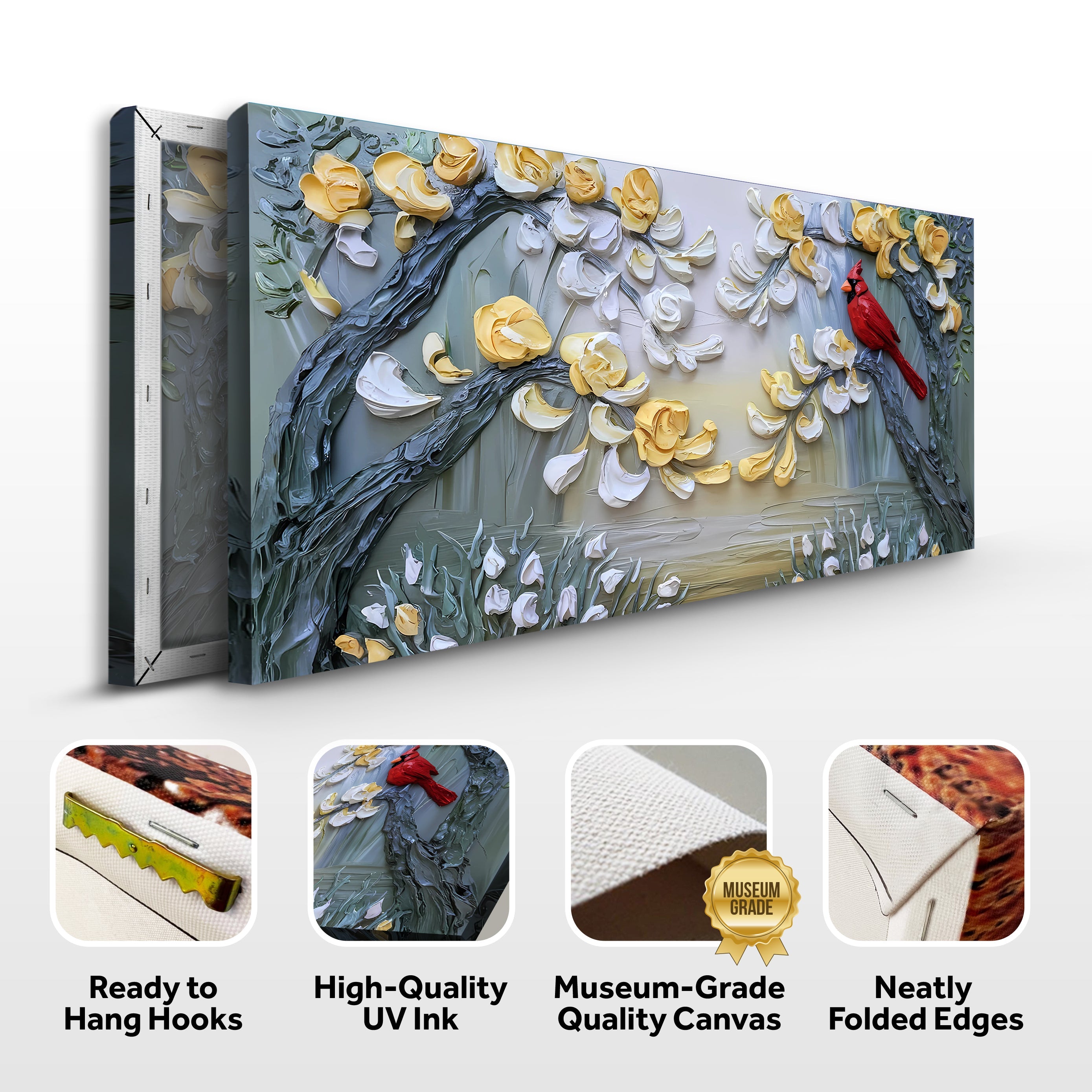 Golden Petals and Scarlet Wings Impasto Wall Art on sale at MyriadMart