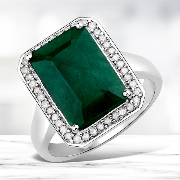 5.72 Carat Dyed Emerald and White Diamond .925 Sterling Silver Ring on sale at MyriadMart