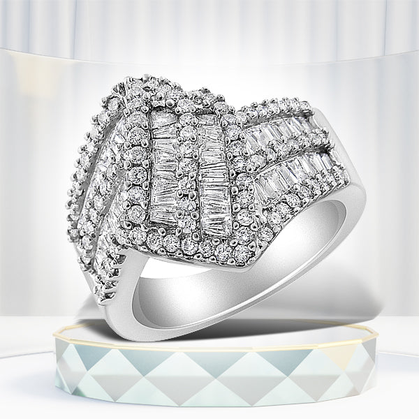 14K White Gold 1-1/2 Cttw Round and Baguette Diamond Bypass Cocktail Ring Band H-I Color, SI1-SI2 Clarity - Size 7 on sale at MyriadMart