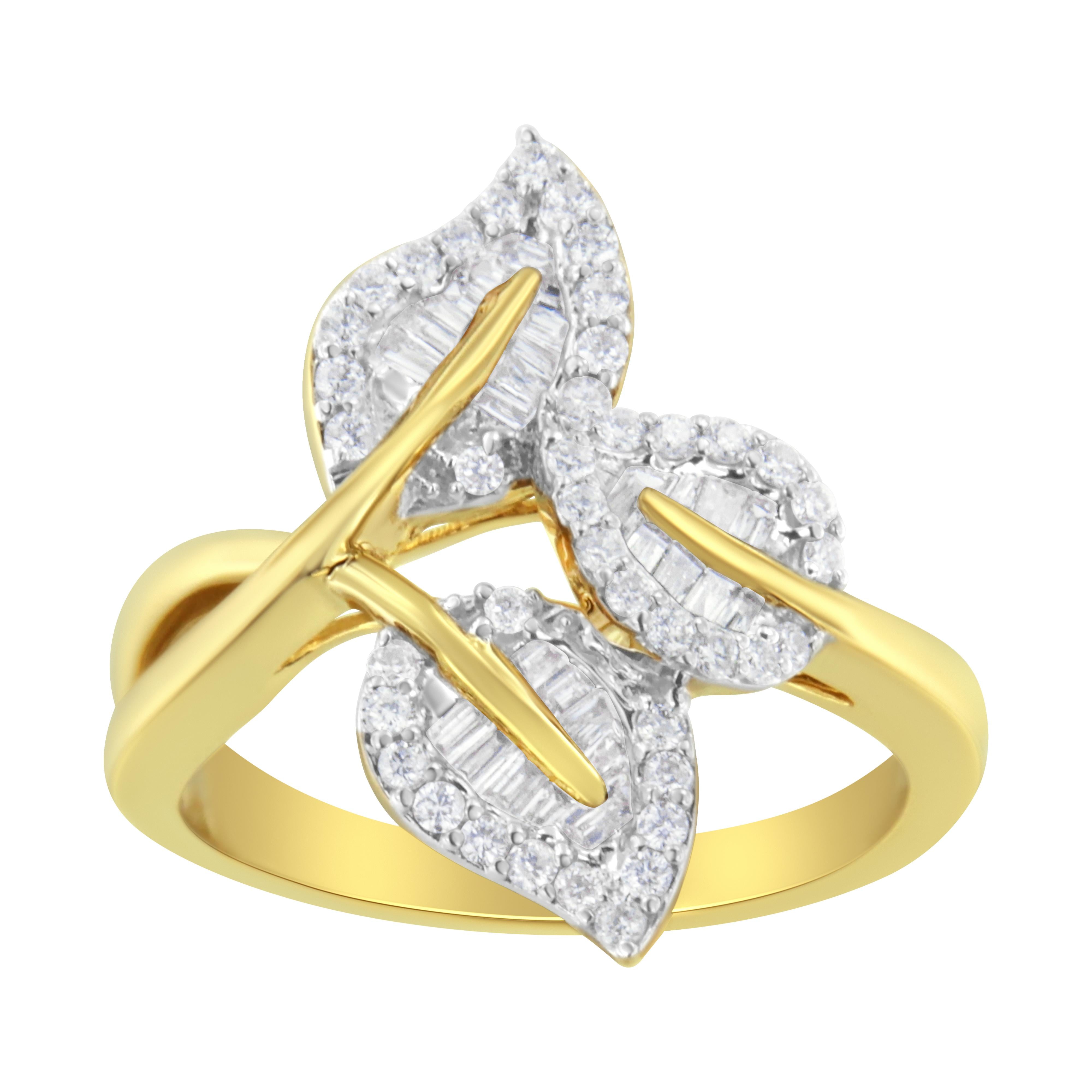10k Yellow and White Gold 1/2 Cttw Baguette and Round Diamond Bypass Triple Leaf Ring I-J Color, I1-I2 Clarity - Size 7 on sale at MyriadMart