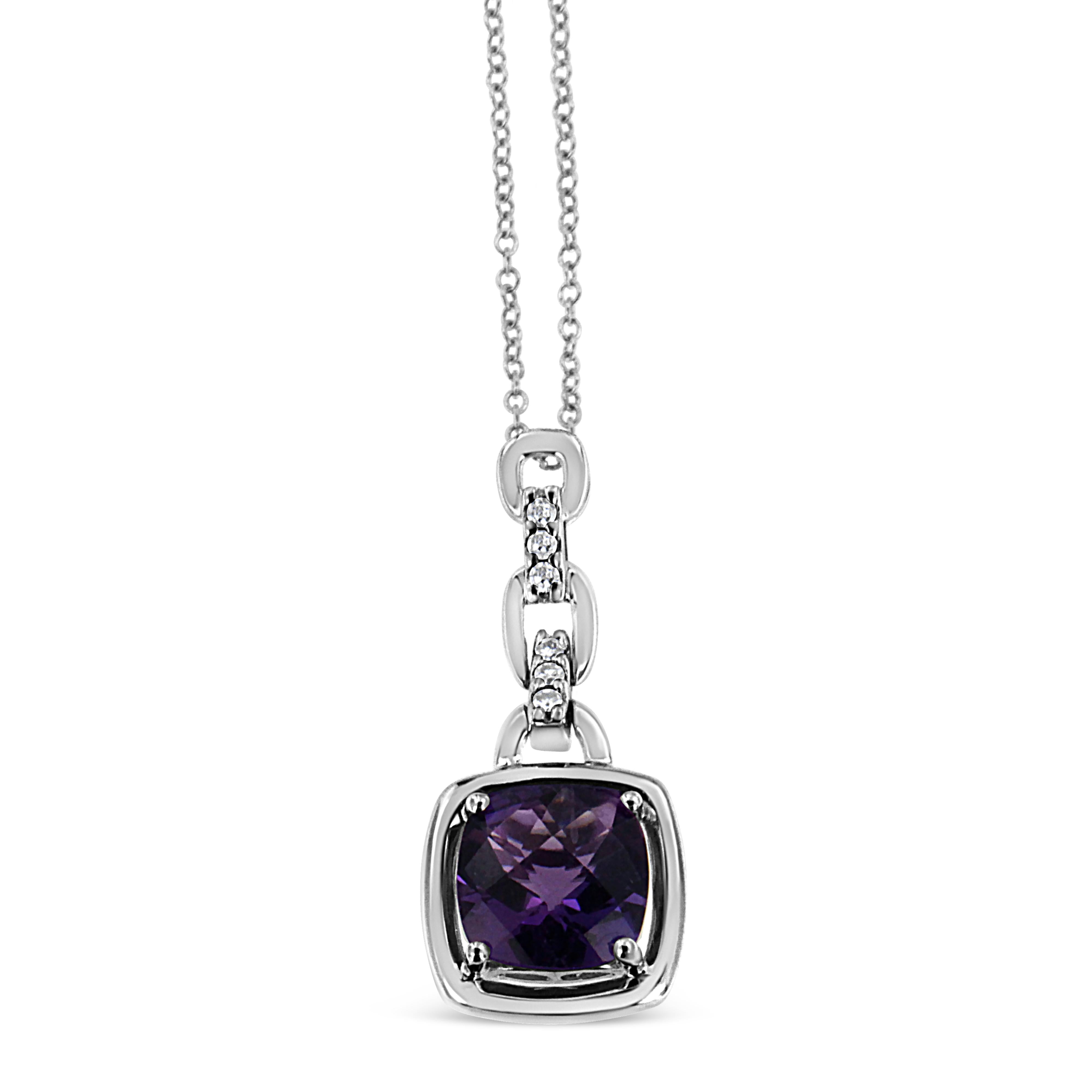 .925 Sterling Silver 6x6MM Cushion Shaped Natural Purple Amethyst and Diamond Accented Bale 18" Inch Pendant Necklace I-J Color, I1-I2 Clarity on sale at MyriadMart