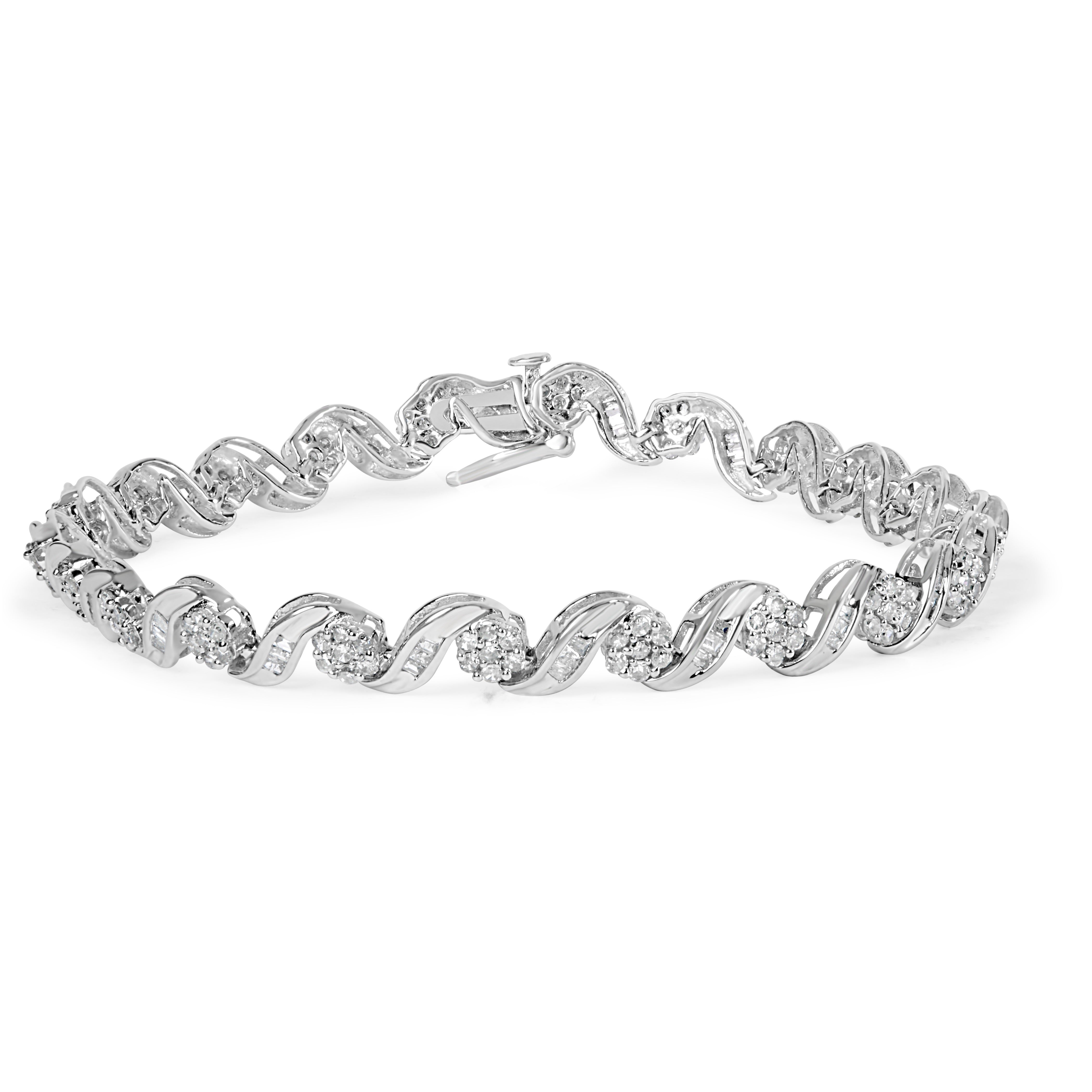 10K White Gold 2.00 Cttw Round-Cut and Baguette-Cut Diamond Floral Design Swirl Link 7" Bracelet I-J Color, I1-I2 Clarity on sale at MyriadMart