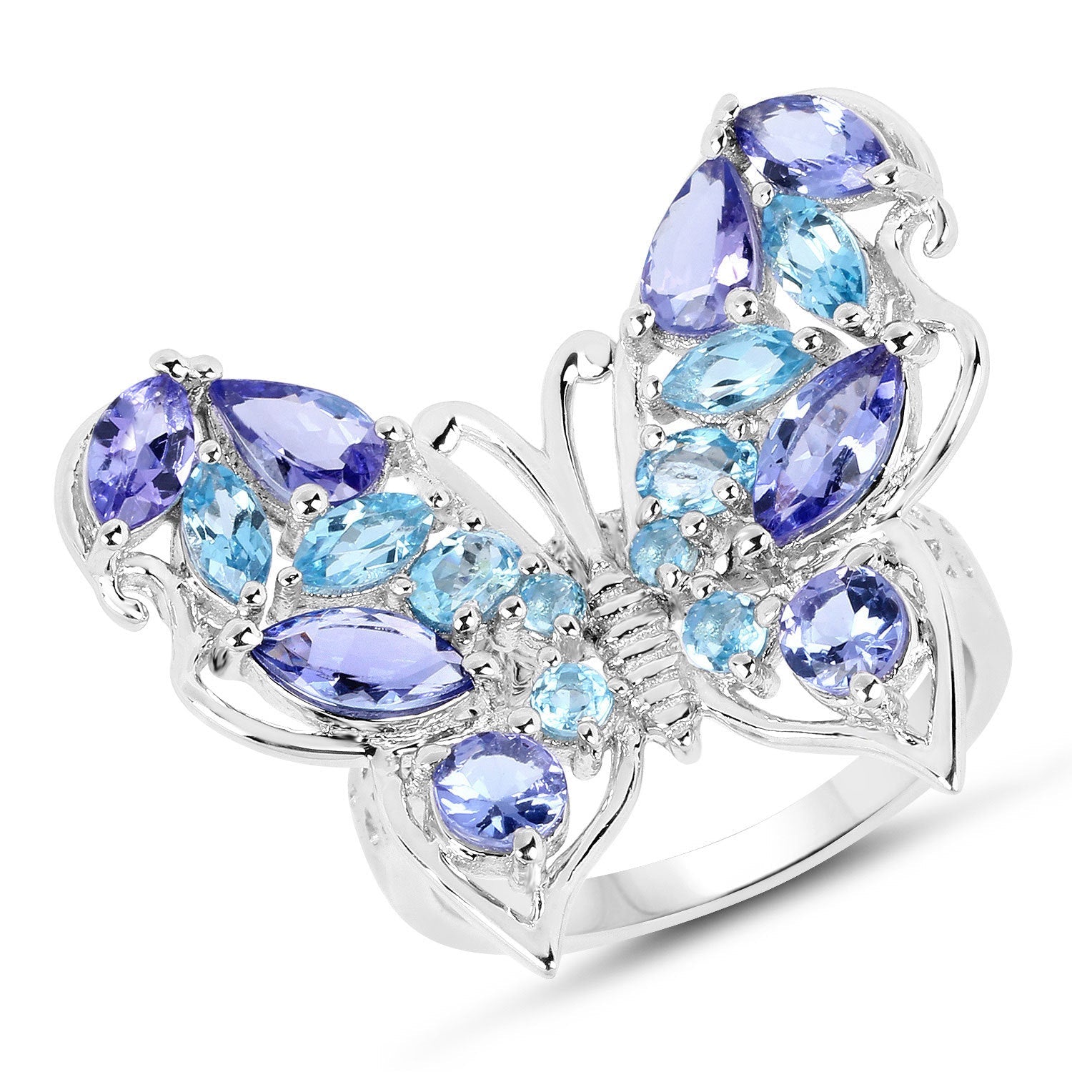 3.60 Carat Genuine Tanzanite and Swiss Blue Topaz .925 Sterling Silver Ring on sale at MyriadMart