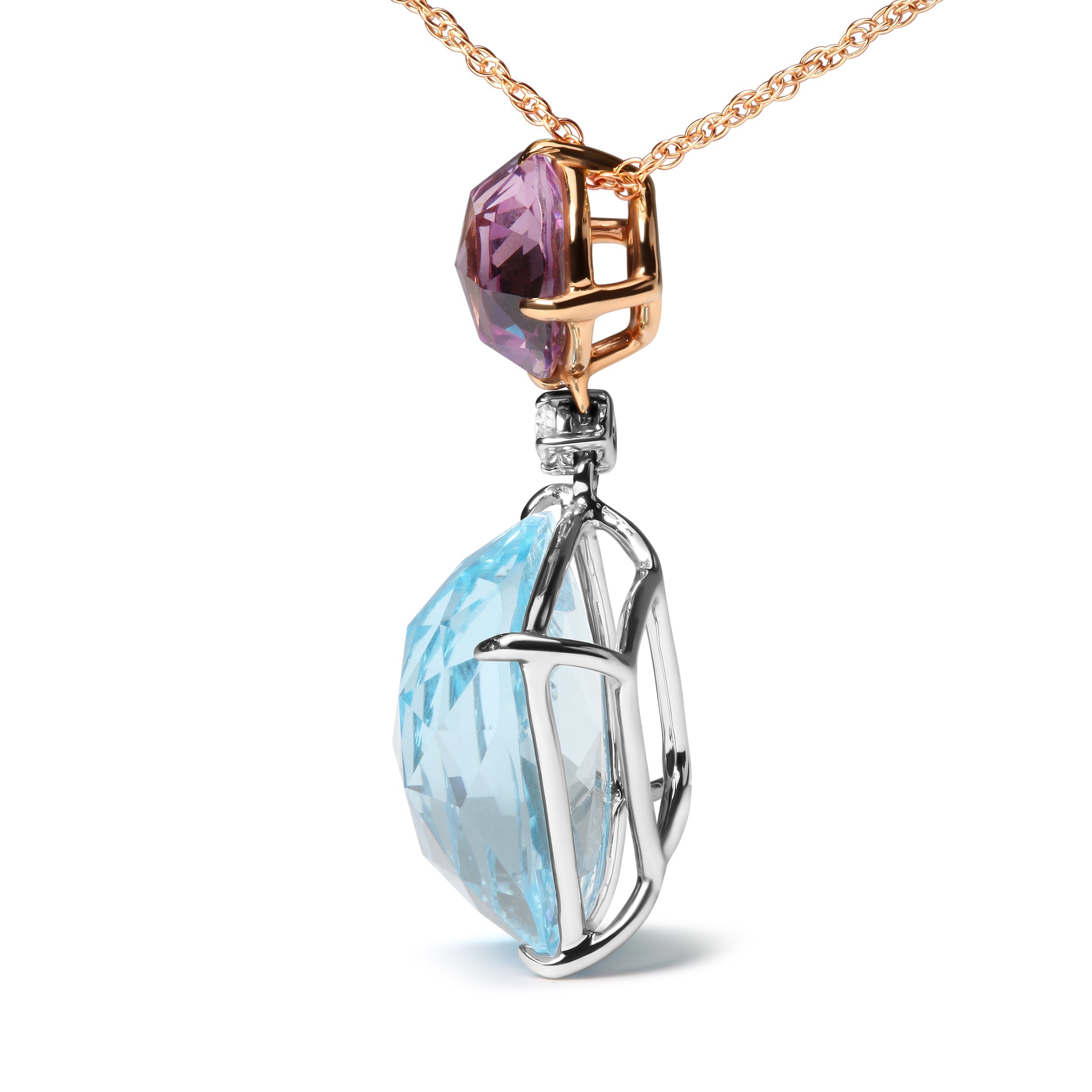 18K White and Rose Gold Round Diamond Accent and Round Rose De France Pink Amethyst and Cushion Cut Sky Blue Topaz Dangle Drop 18" Pendant Necklace G-H Color, SI1-SI2 Clarity on sale at MyriadMart