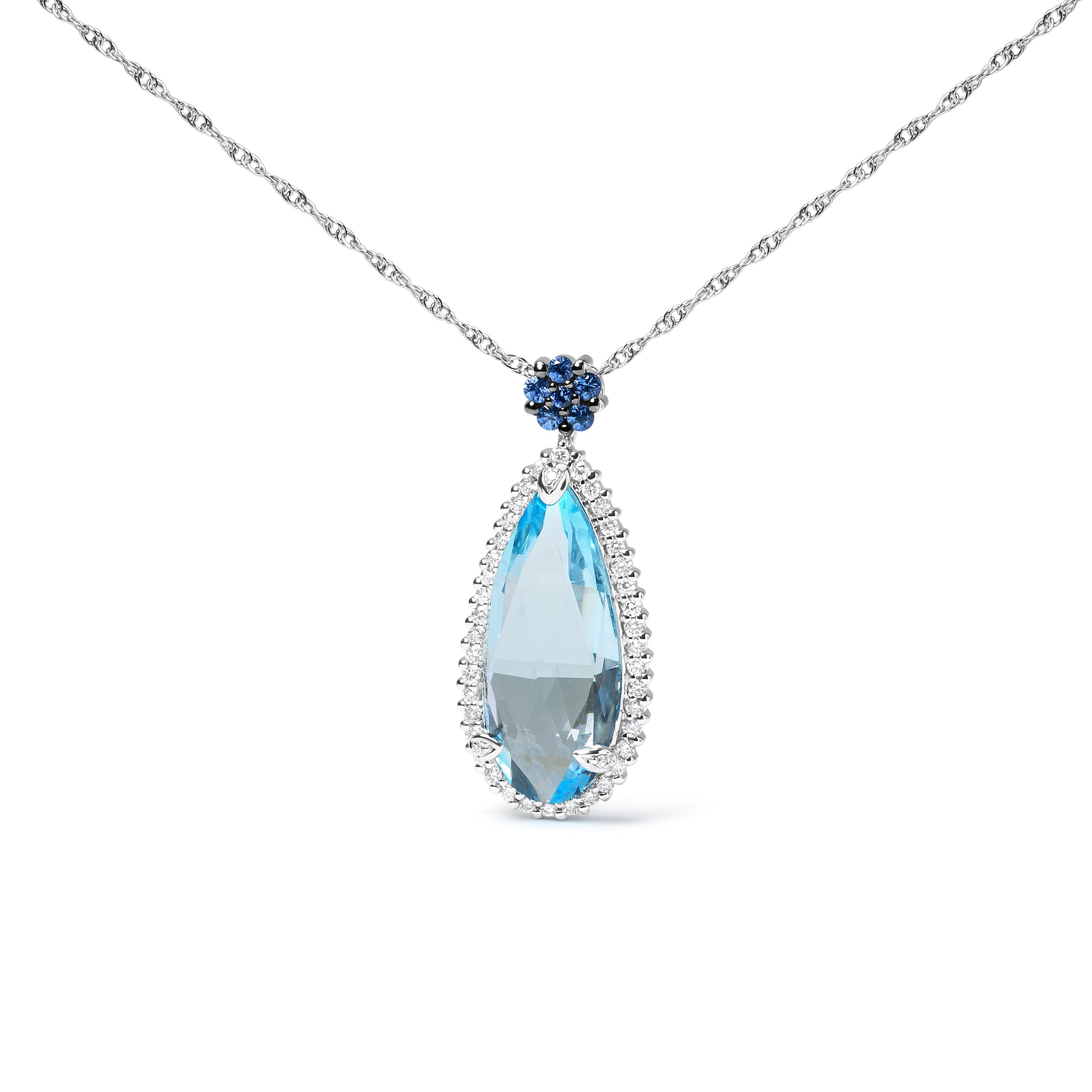 18K White Gold 3/8 Cttw Pave Set Diamond and Sky Blue Topaz and Blue Sapphire Gemstone Floral Teardrop Halo 18" Pendant Necklace G-H Color, SI2-I1 Clarity on sale at MyriadMart