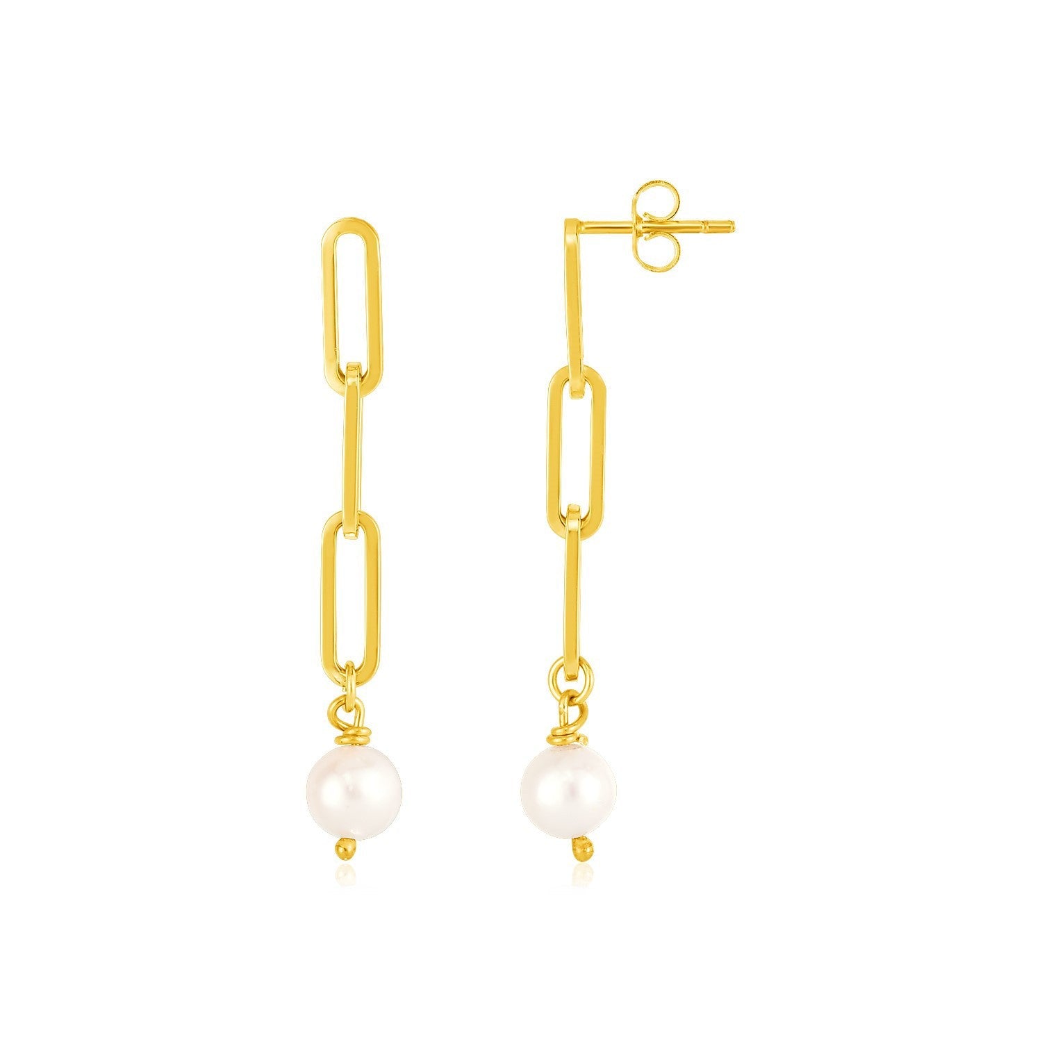 14k Yellow Gold Paperclip Chain Link Earrings with Pearls on sale at MyriadMart