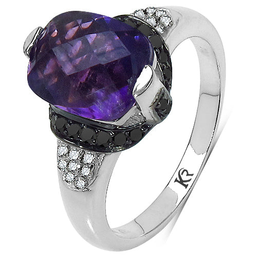 3.71 Carat Genuine Amethyst, Black Diamond & White Diamond .925 Sterling Silver Ring on sale at MyriadMart