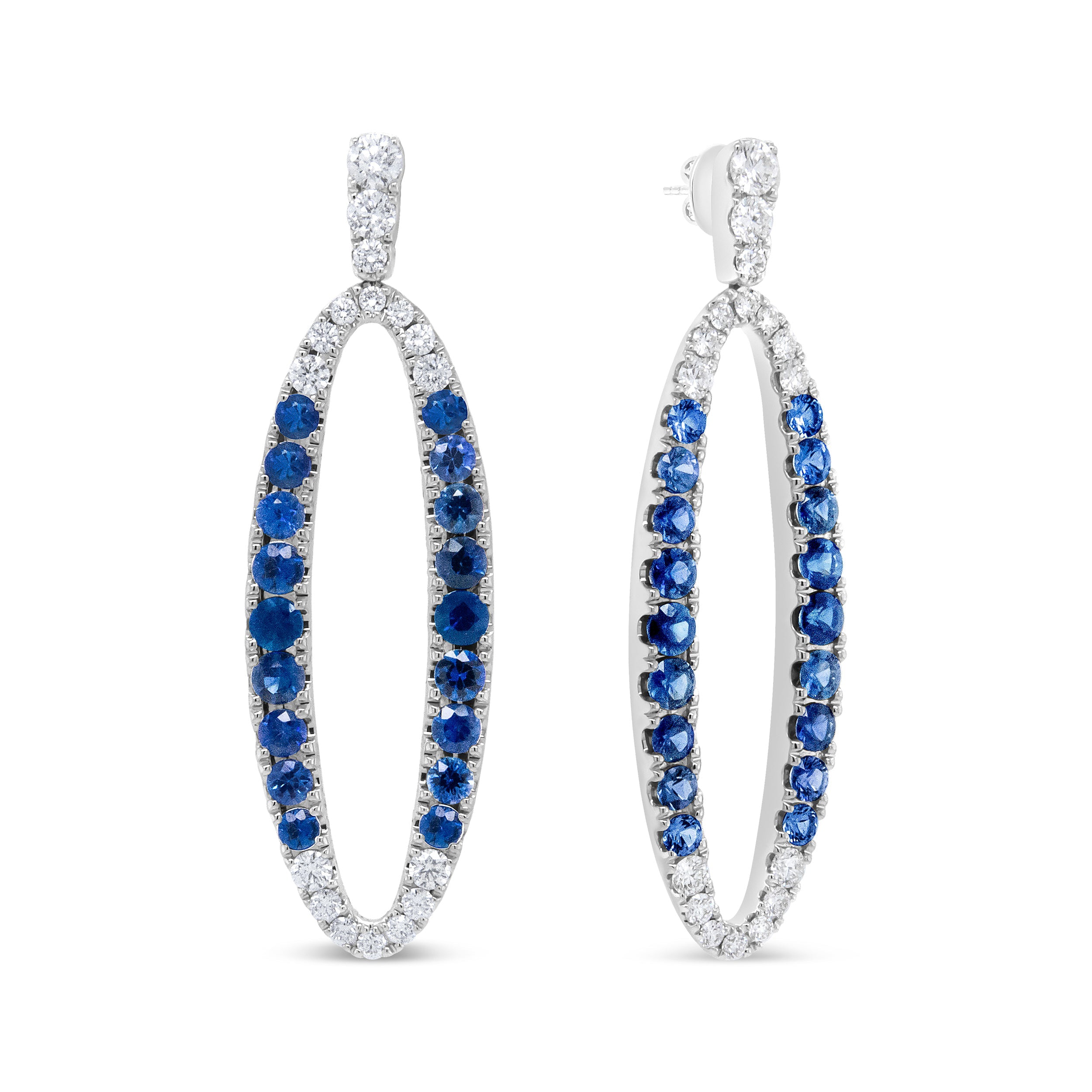 18K White Gold 1.11 Cttw Blue Round Diamond and Blue Sapphire Openwork Oval Shaped Dangle Earrings F-G Color, VS1-VS2 Clarity on sale at MyriadMart