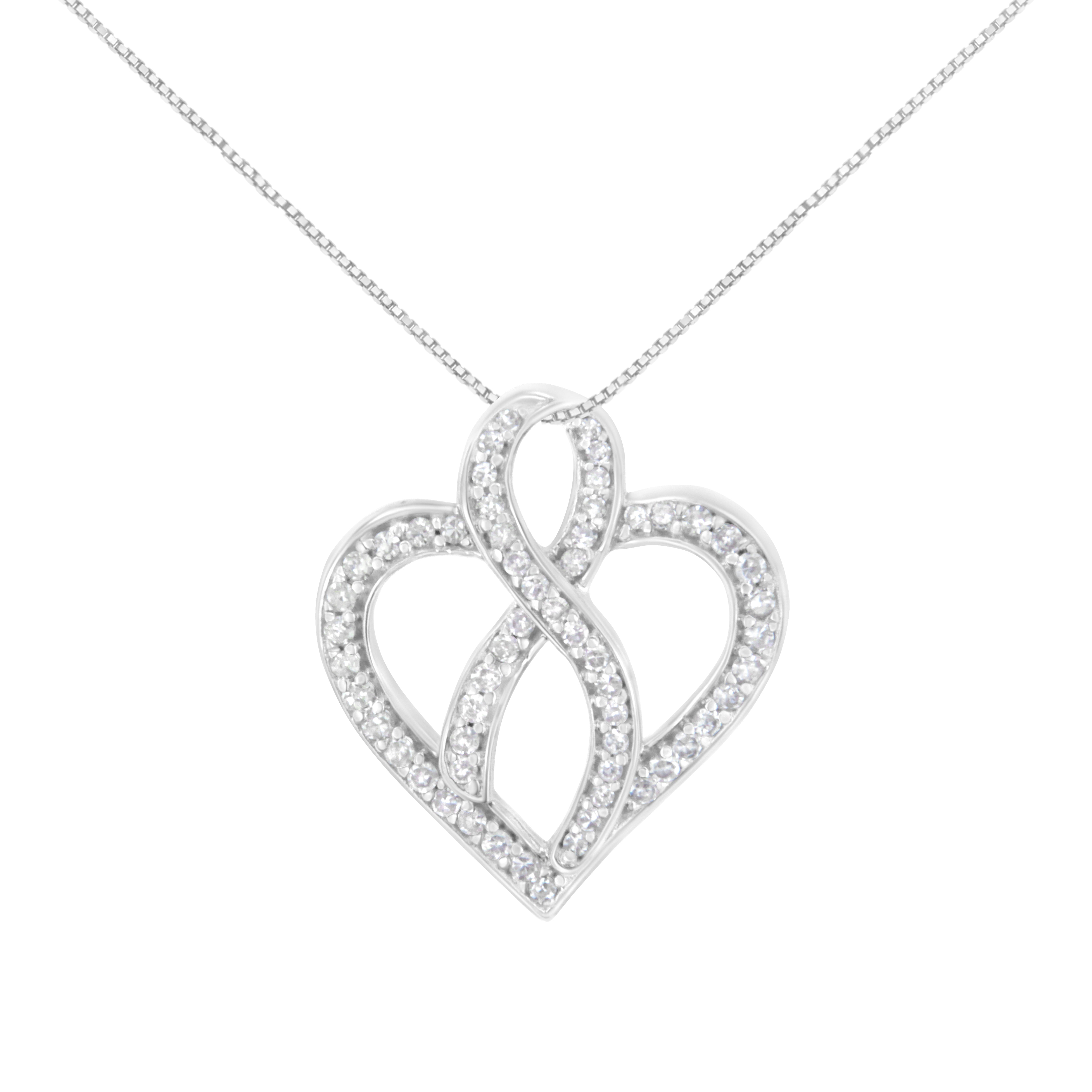 14K White Gold 1/4 cttw Round Cut Diamond Heart and Ribbon Center Pendant Necklace H-I, I1-I2 on sale at MyriadMart