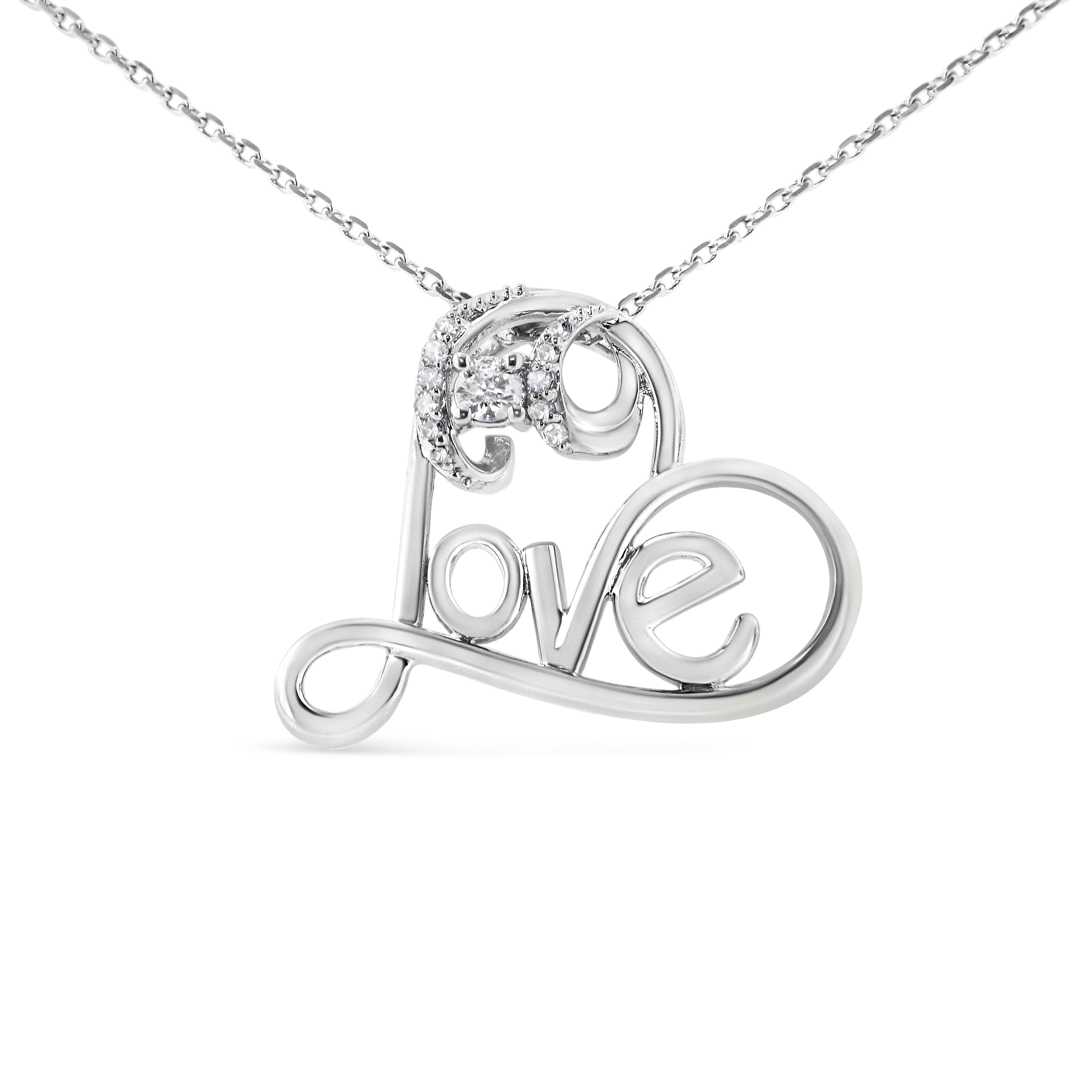 .925 Sterling Silver 1/10 Cttw Round Brilliant-Cut Diamond Accented Open Heart with Love 18" Pendant Necklace H-I Color, I1-I2 Clarity on sale at MyriadMart