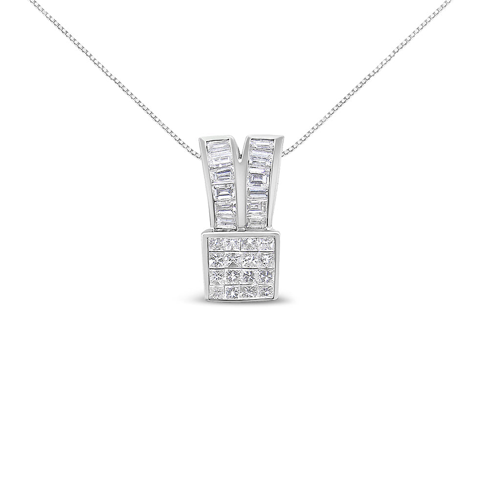 14K White Gold 1 5/8 cttw Princess and Baguette Cut Diamond Heart Ribbon Pendant Necklace G-H, VS1-VS2 on sale at MyriadMart