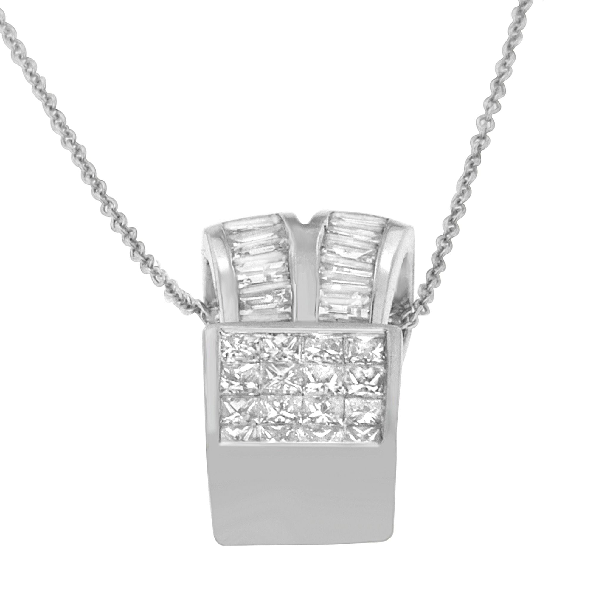 14K White Gold 1 5/8 cttw Princess and Baguette Cut Diamond Heart Ribbon Pendant Necklace G-H, VS1-VS2 on sale at MyriadMart