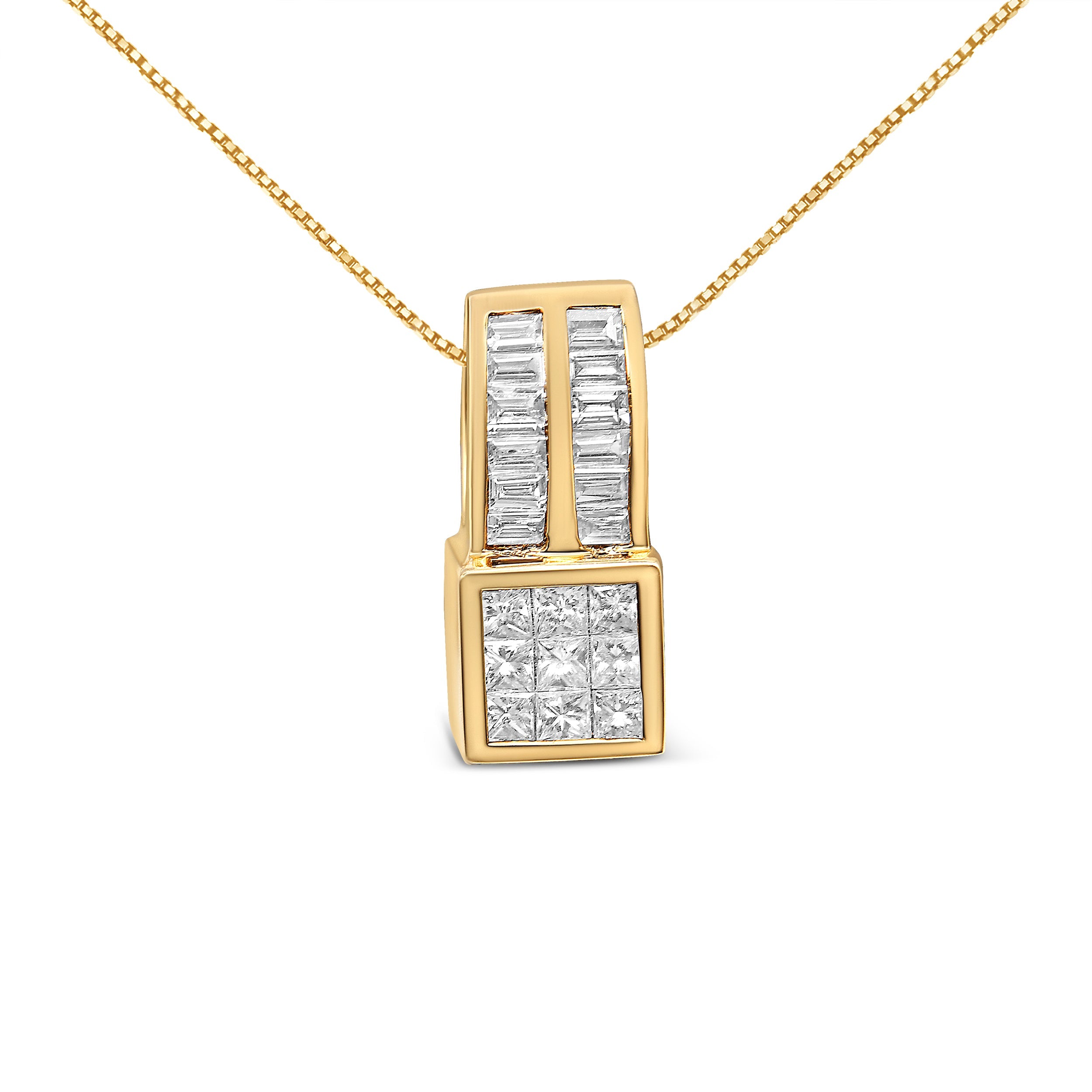 14K Yellow Gold 1 1/4 cttw Princess and Baguette Cut Geometric Inspired Diamond Pendant Necklace H-I, VS1-VS2 on sale at MyriadMart