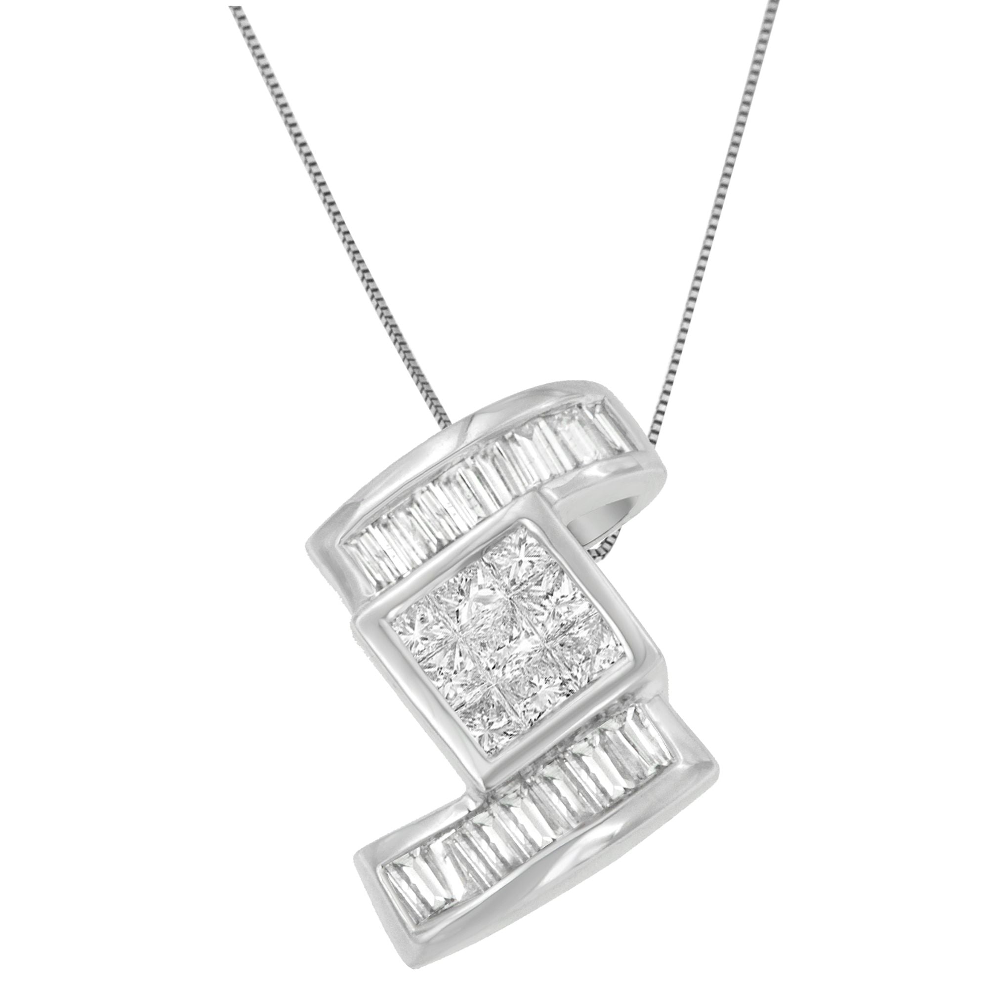 14K White Gold 1 2/5 cttw Princess and Baguette Cut Diamond Zig Zag Pendant Necklace H-I, SI1-SI2 on sale at MyriadMart