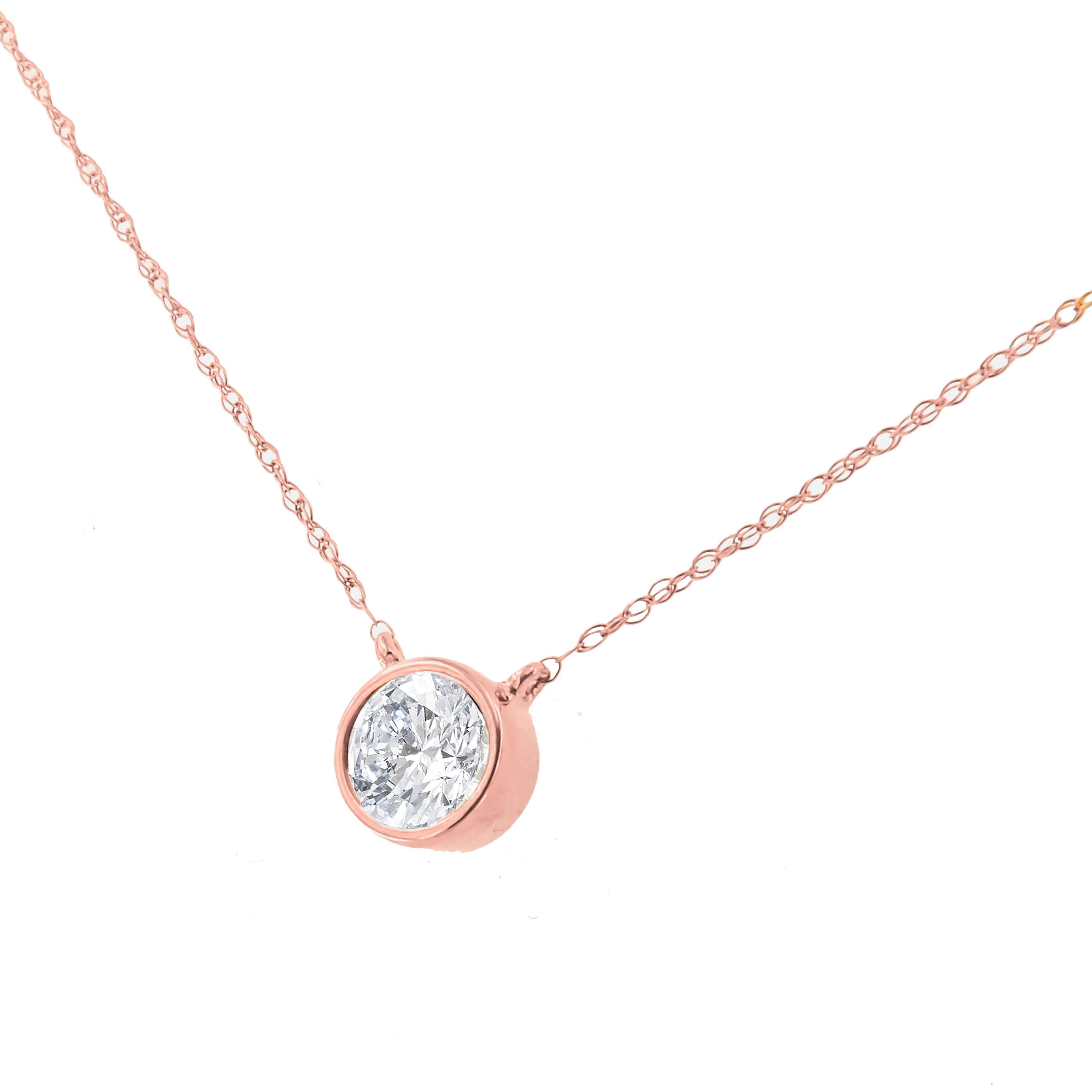 AGS Certified 10K Rose Gold 1/5 Cttw Bezel Set Round Diamond Solitaire 16-18" Adjustable Pendant Necklace H-I Color, VS1-VS2 Clarity on sale at MyriadMart