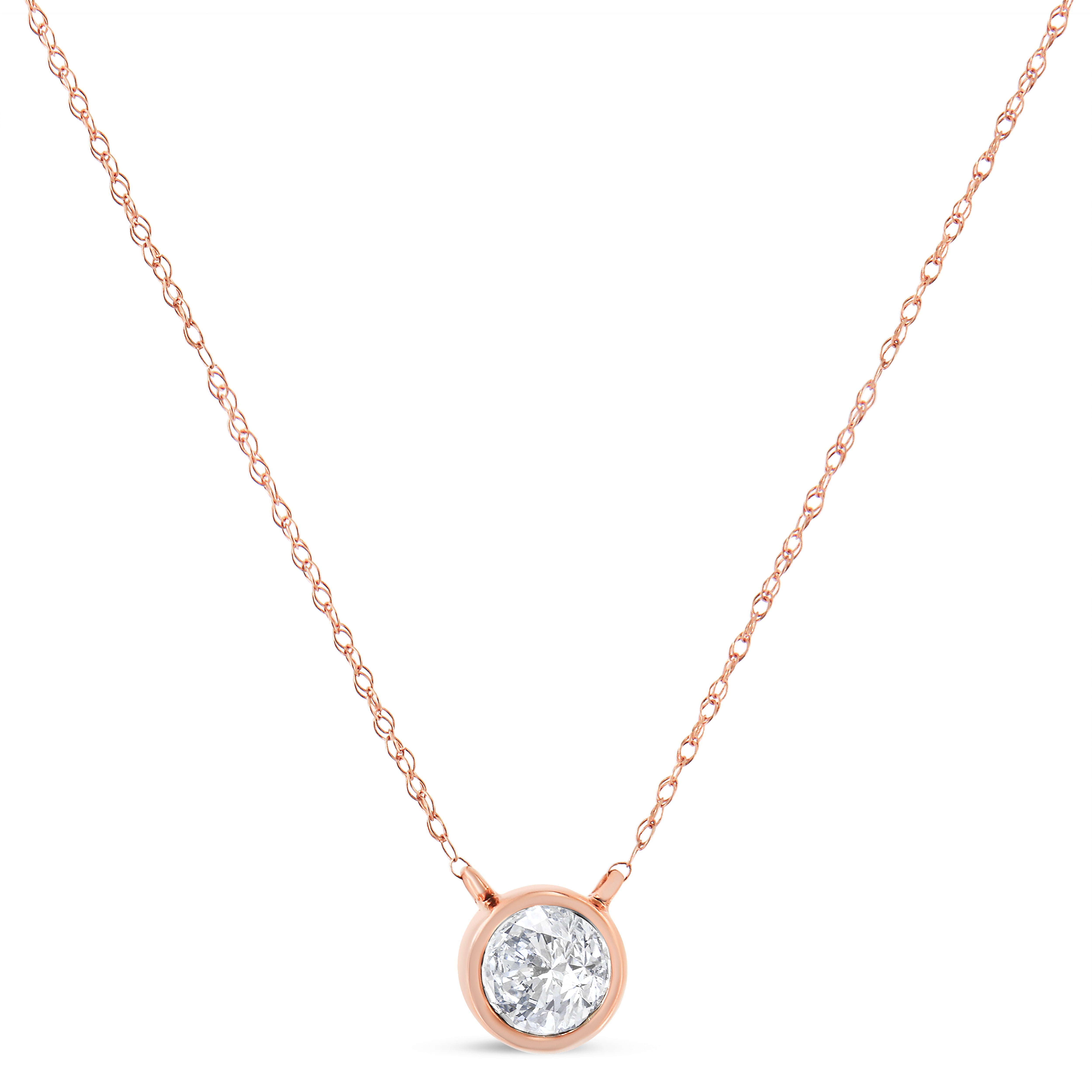 AGS Certified 10K Rose Gold 1/5 Cttw Bezel Set Round Diamond Solitaire 16-18" Adjustable Pendant Necklace H-I Color, VS1-VS2 Clarity on sale at MyriadMart