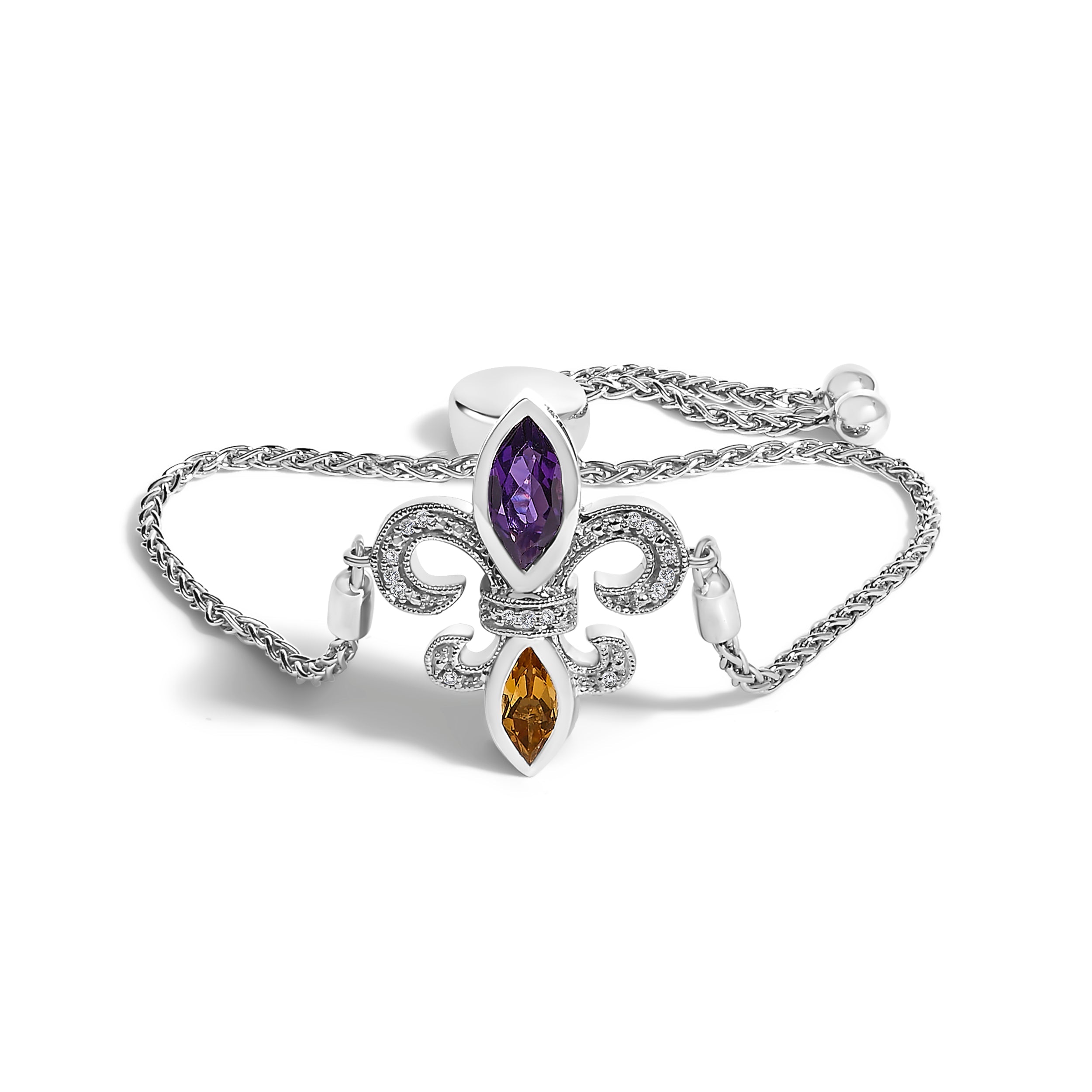 .925 Sterling Silver Marquise Purple Amethyst, Orange Citrine, and Diamond Accent Lariat 4â€-10†Fleur De Lis Adjustable Bolo Bracelet I-J Color, I1-I2 Clarity on sale at MyriadMart