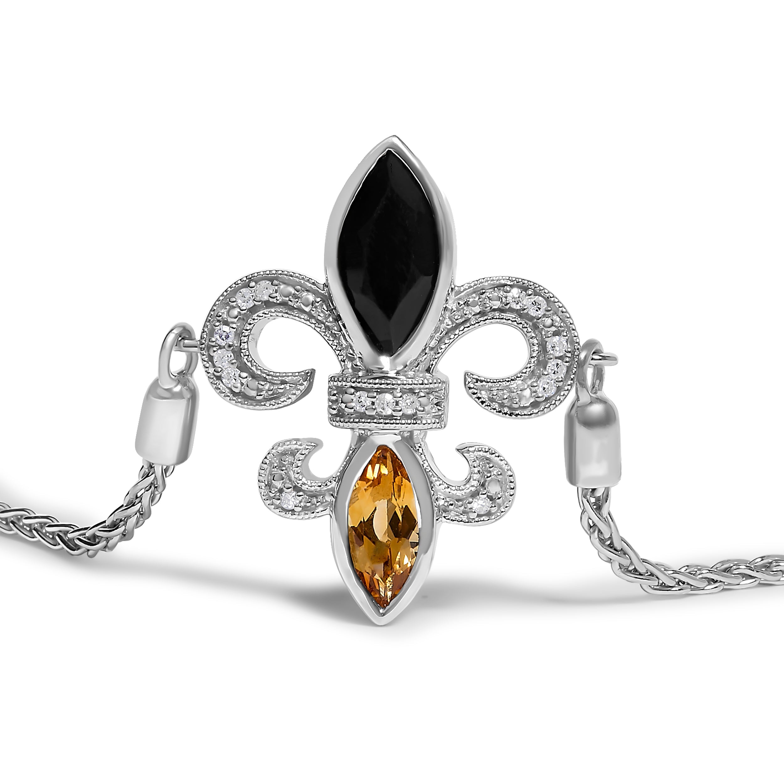 .925 Sterling Silver Marquise Black Onyx, Orange Citrine, and Diamond Accent Lariat 4â€-10†Fleur De Lis Adjustable Bolo Bracelet I-J Color, I1-I2 Clarity - 7" on sale at MyriadMart