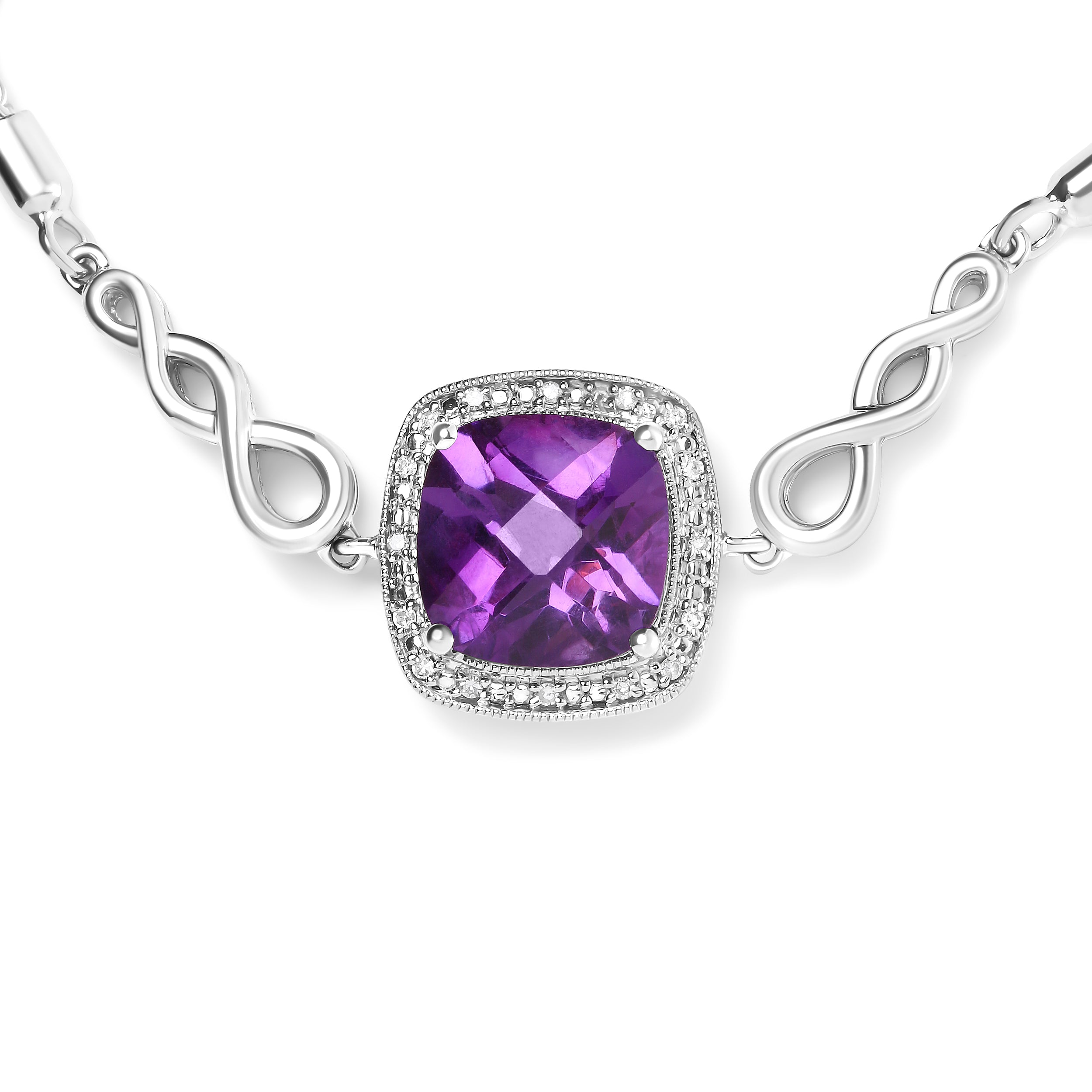 .925 Sterling Silver 10mm Cushion Cut Amethyst Gemstone and Diamond Accent Lariat 4â€-10†Adjustable Bolo Bracelet H-I Color, SI1-SI2 Clarity on sale at MyriadMart