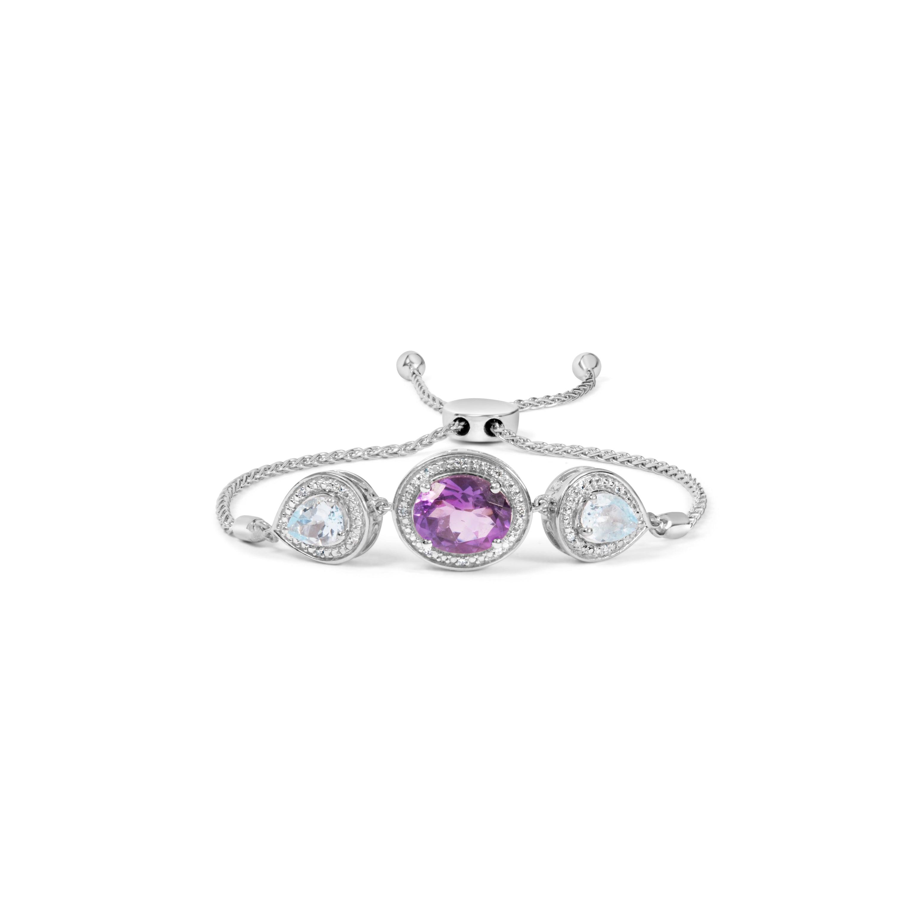 .925 Sterling Silver Oval Amethyst and Pear Blue Topaz with Diamond Accent Lariat 4â€-10†Adjustable Bolo Bracelet H-I Color, SI1-SI2 Clarity on sale at MyriadMart