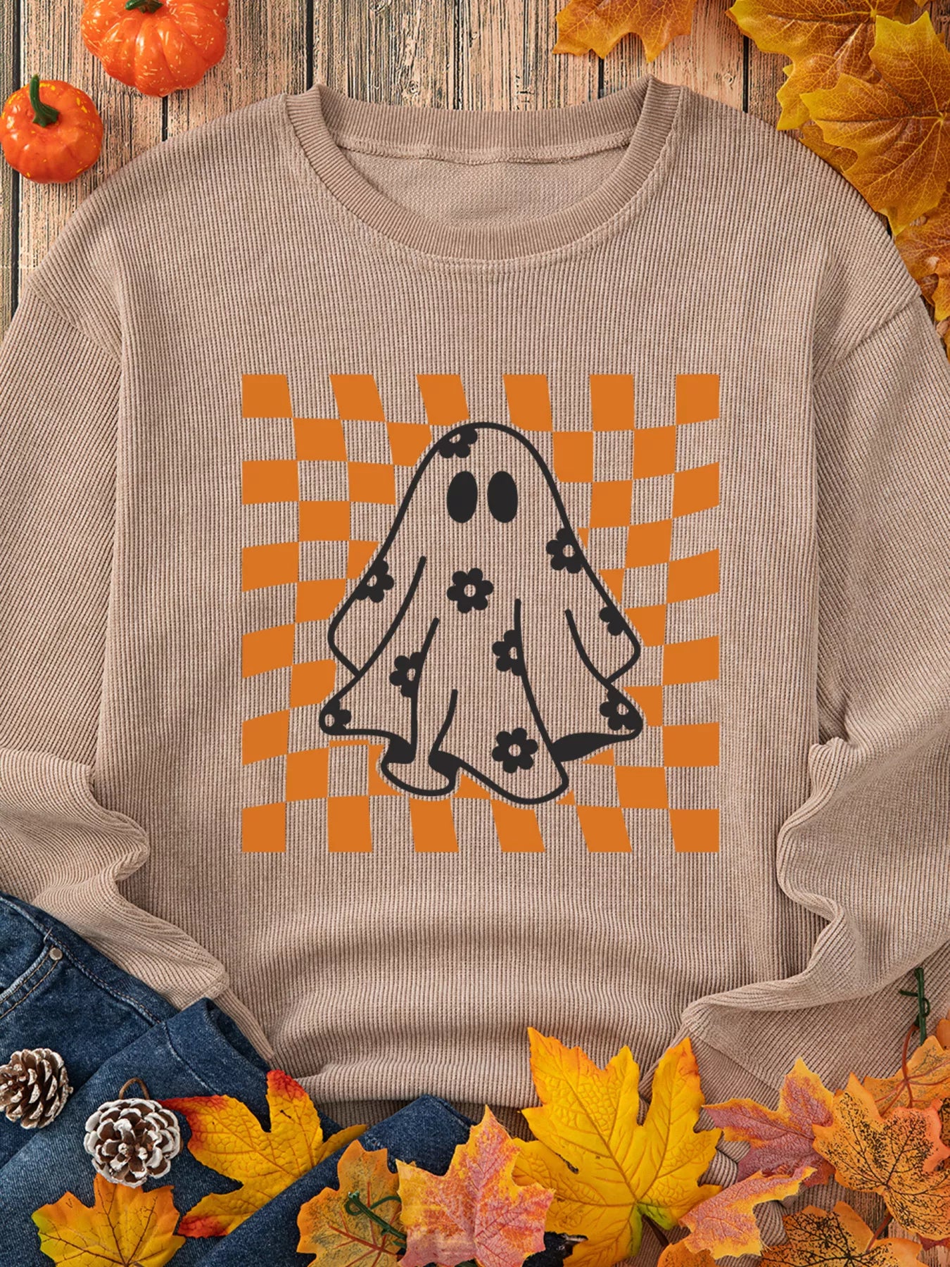 Halloween Checkerboard Floral Ghost Graphic Corded Sweatshirt - MyriadMart