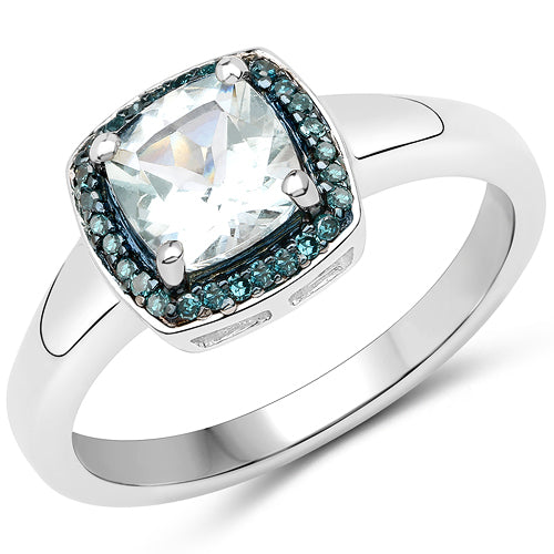 0.83 Carat Genuine Aquamarine and Blue Diamond .925 Sterling Silver Ring on sale at MyriadMart