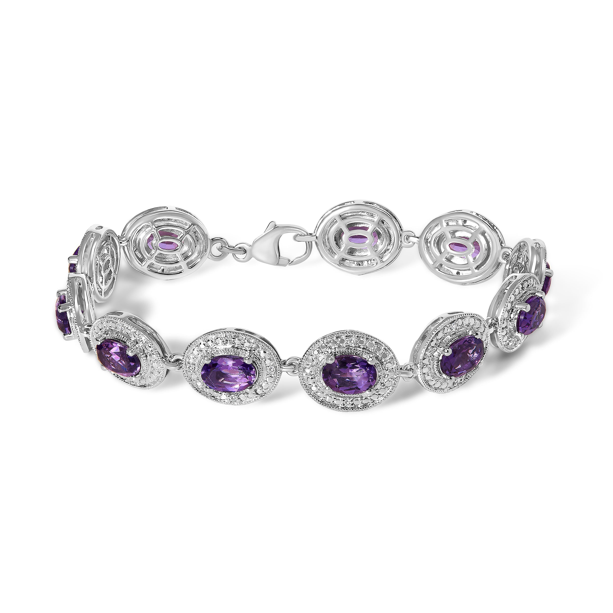 Sterling Silver 5x7 MM Oval Purple Amethyst & Diamond Halo Link Bracelet on sale at MyriadMart