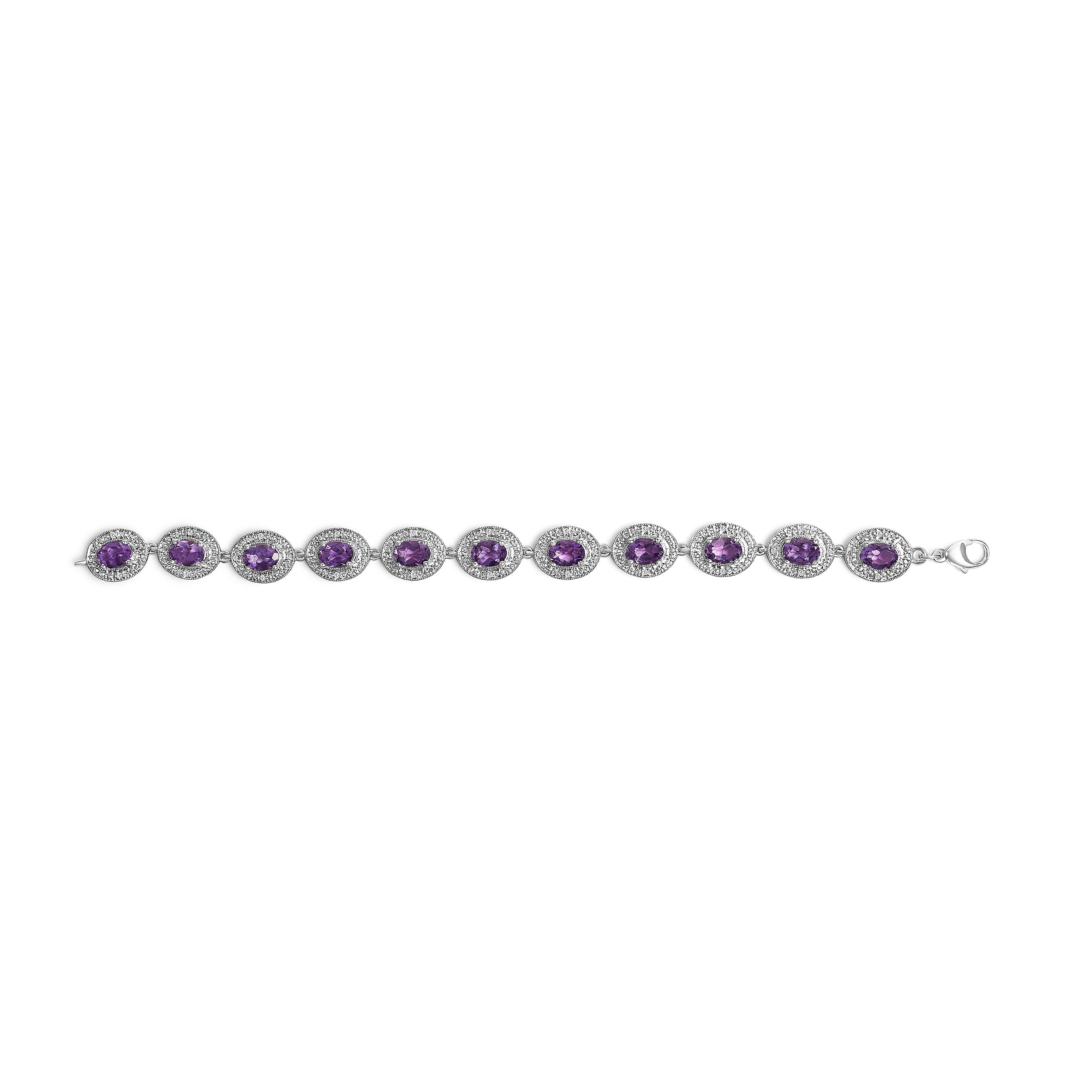 Sterling Silver 5x7 MM Oval Purple Amethyst & Diamond Halo Link Bracelet on sale at MyriadMart