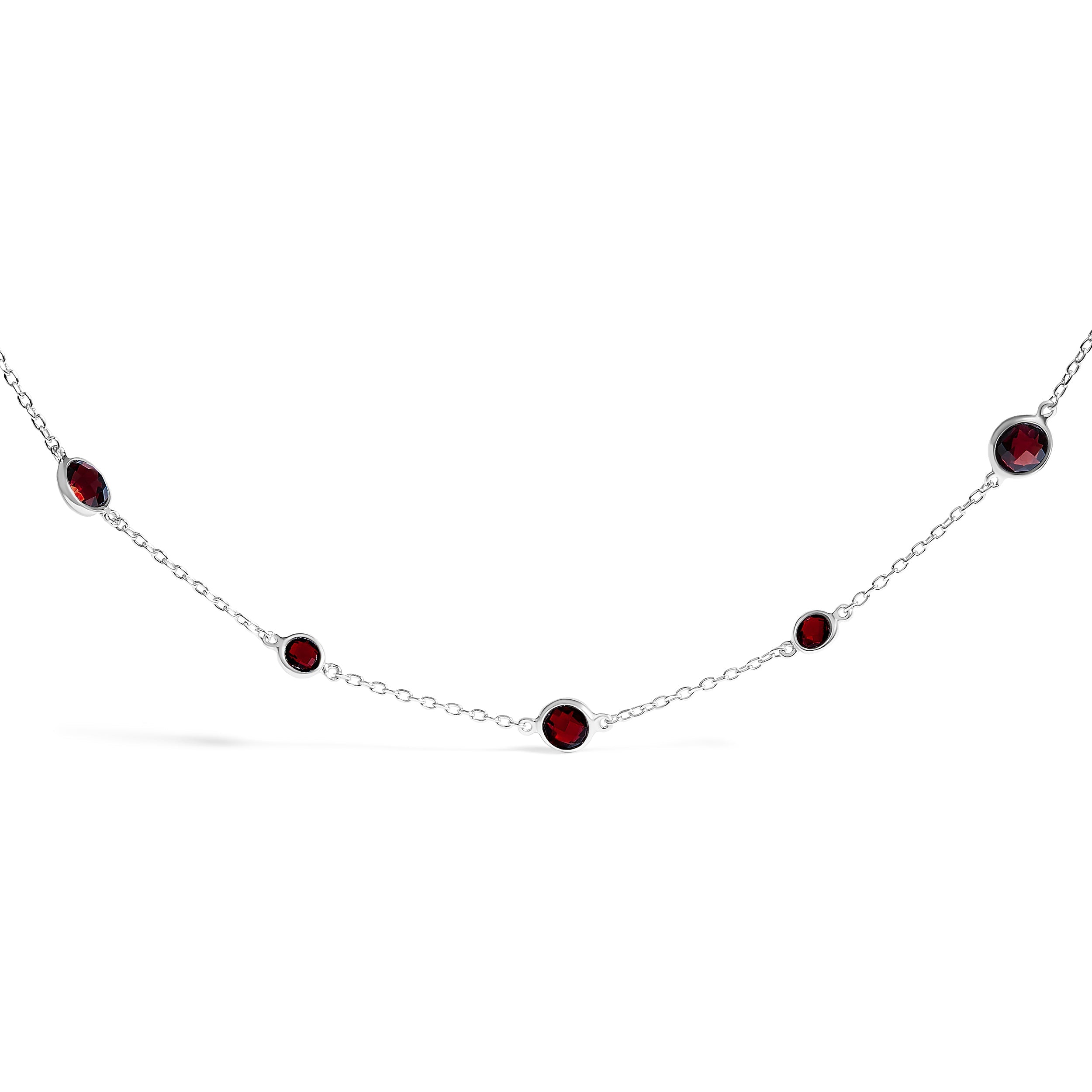 .925 Sterling Silver Checkerboard Cut Red Garnet Bezel Station Necklace - 22" Inches
