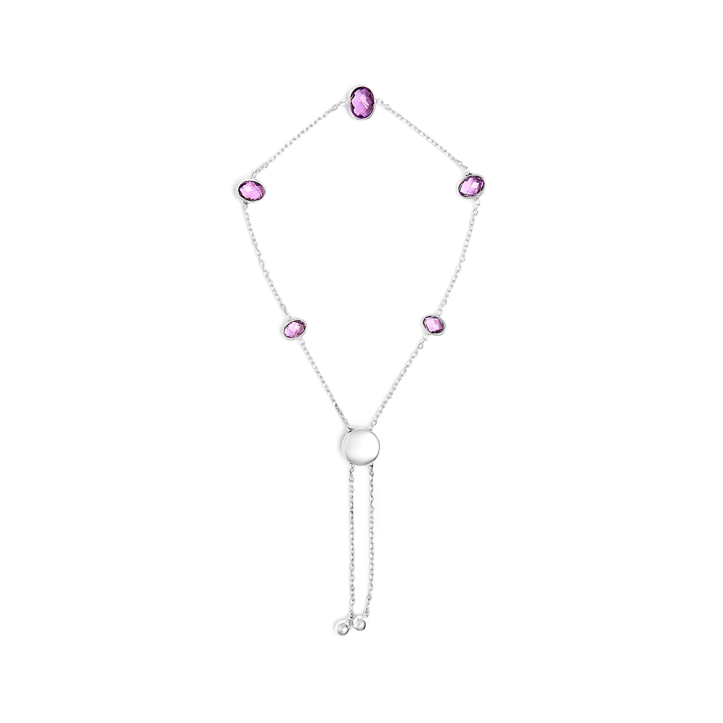 .925 Sterling Silver Bezel Set Purple Amethyst 5 Station Adjustable Bolo Bracelet on sale at MyriadMart
