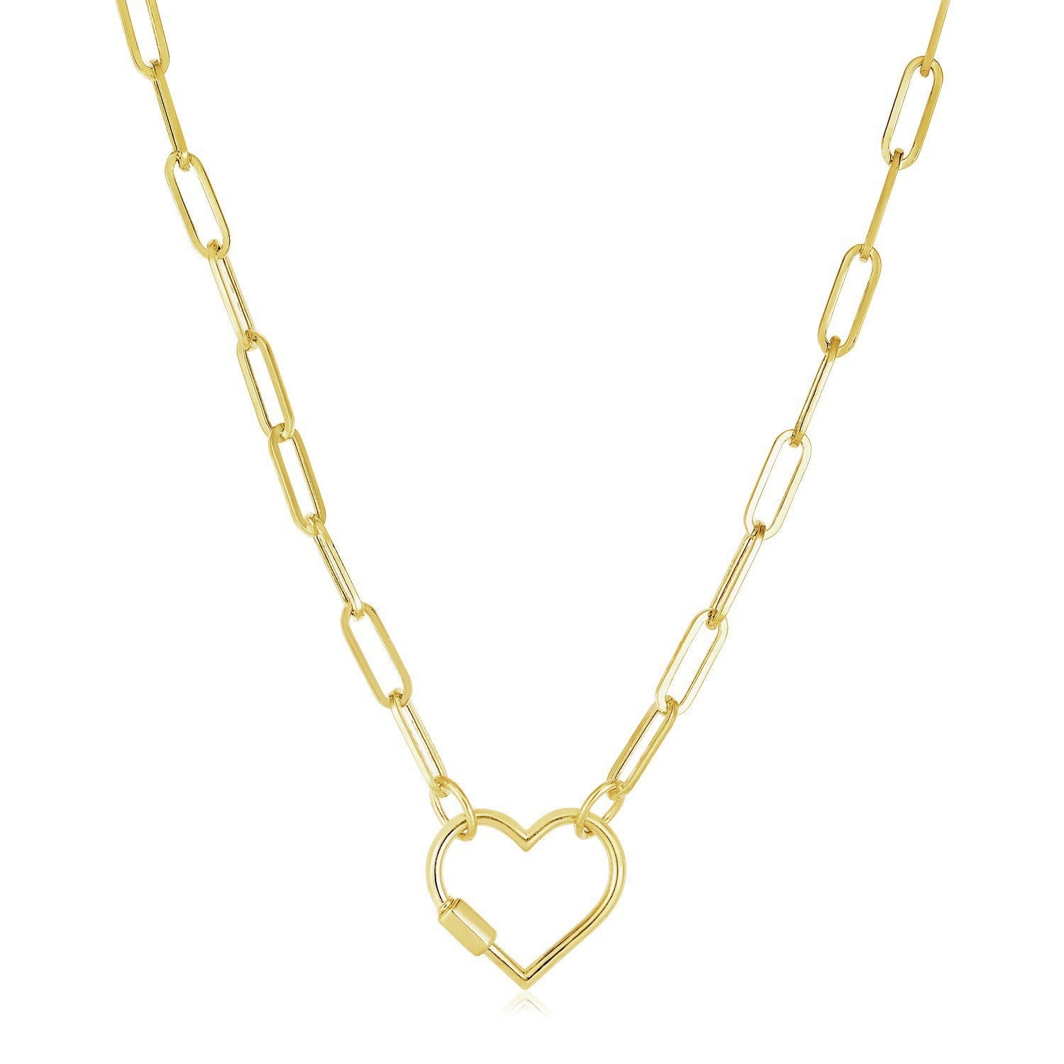 14k Yellow Gold Paperclip Chain Necklace with Heart Carabiner Clasp on sale at MyriadMart