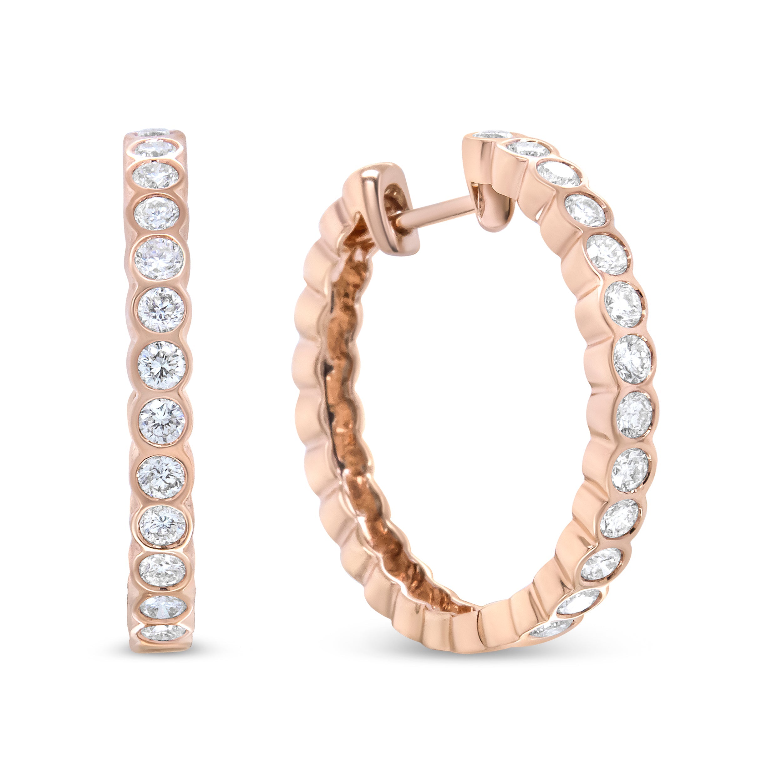 18K Rose Gold 1 Cttw Round Bezel-Set Diamond Hoop Earrings F-G Color, VS1-VS2 Clarity on sale at MyriadMart