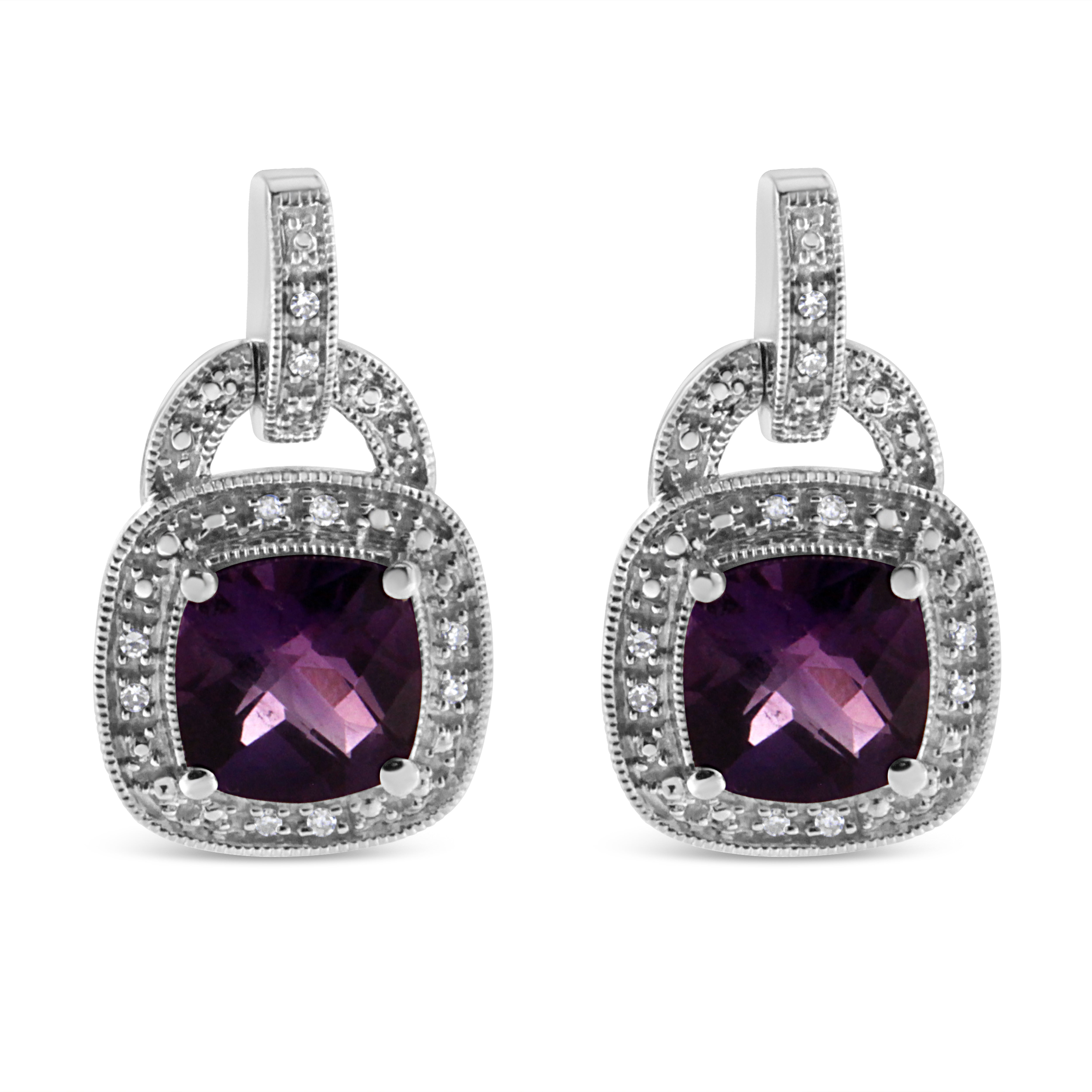 .925 Sterling Silver 8MM Natural Cushion Shaped Amethyst and Diamond Accent Halo with Push Back Dangle Earrings I-J Color, I2-I3 Clarity on sale at MyriadMart