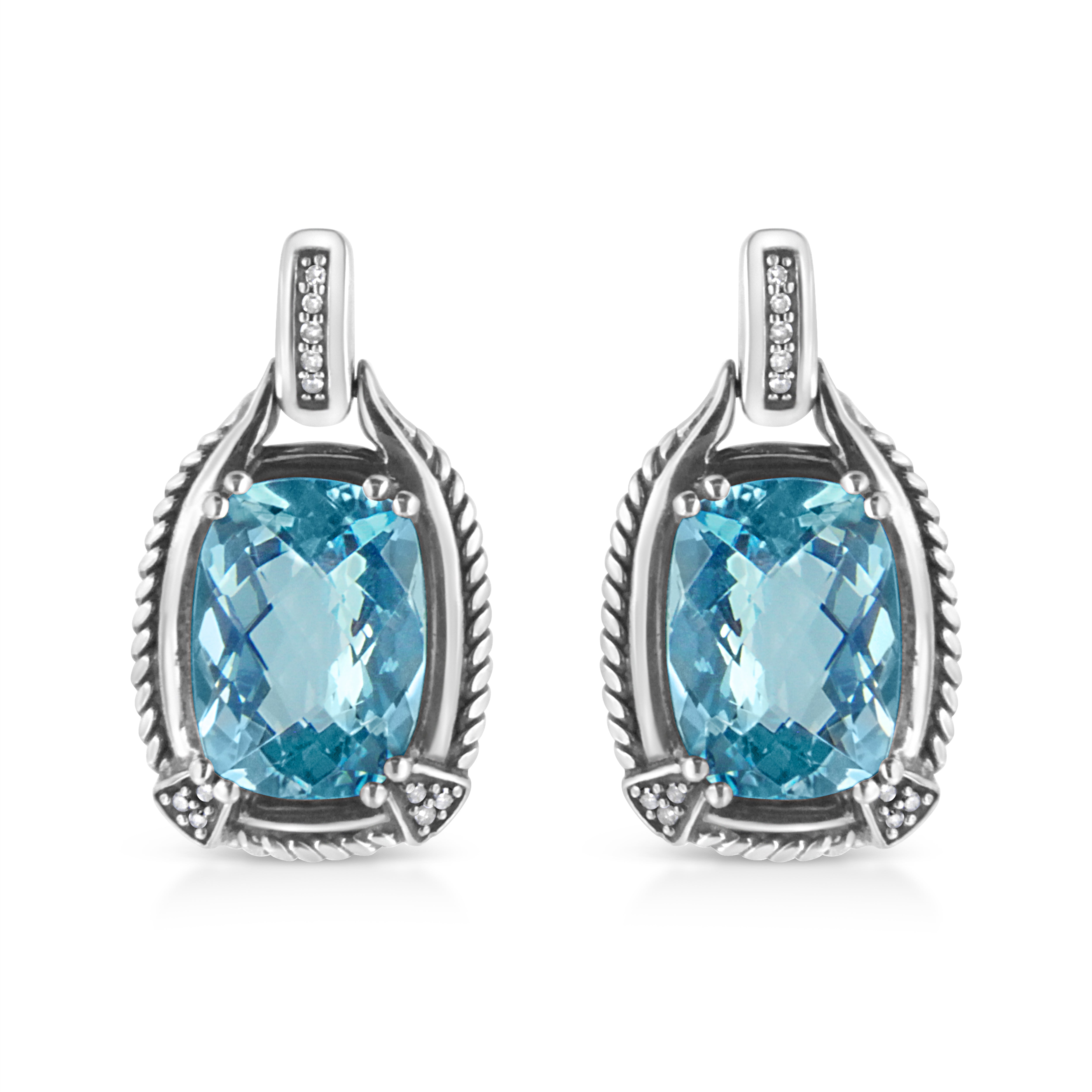 .925 Sterling Silver 14x10MM Cushion Cut Blue Topaz Gemstone and Diamond Accent Dangle Earring I-J Color, I1-I2 Clarity on sale at MyriadMart