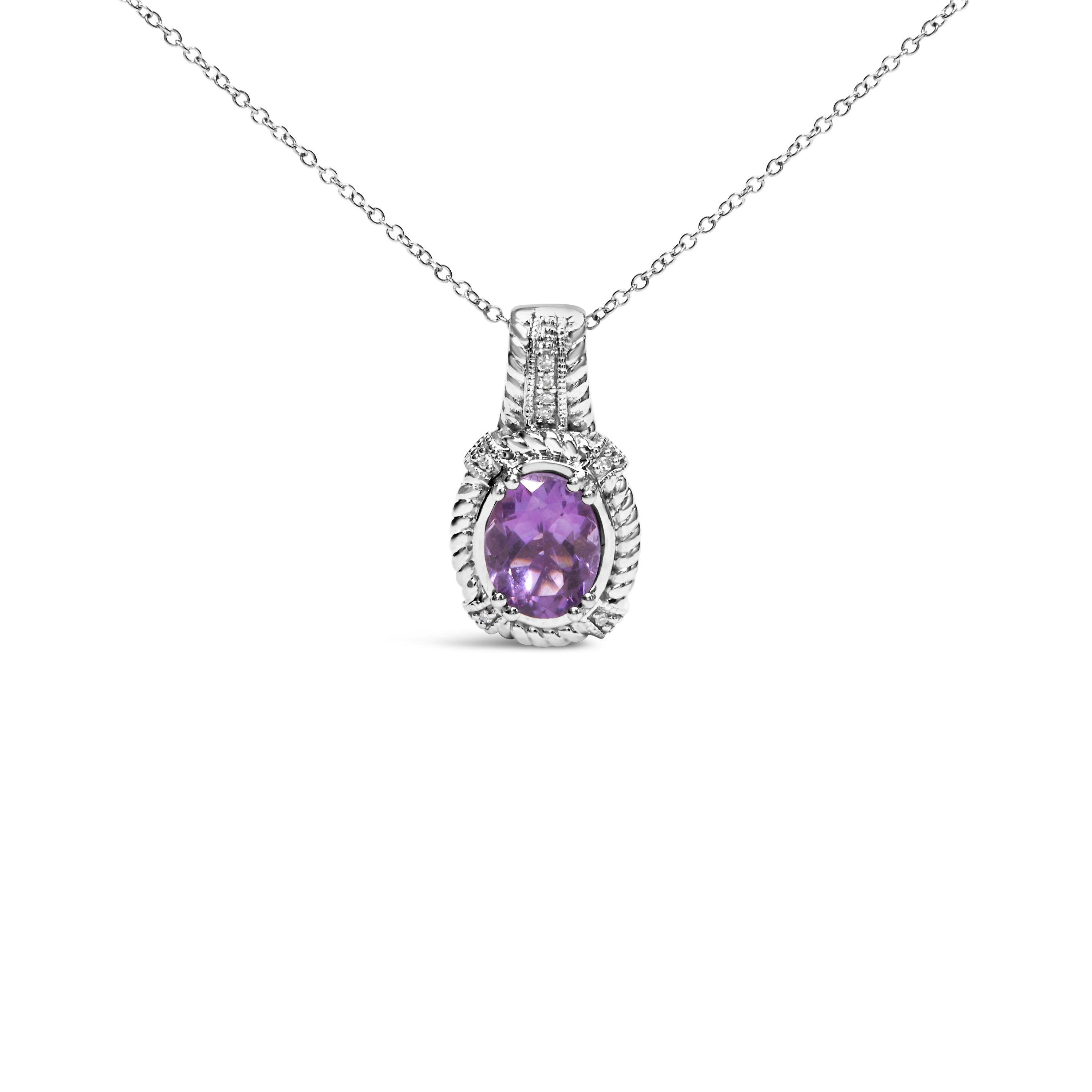 .925 Sterling Silver 9x7mm Oval Purple Amethyst and Round Diamond Accent Fashion Drop Pendant 18 Inch Necklace I-J Color, I1-I2 Clarity on sale at MyriadMart