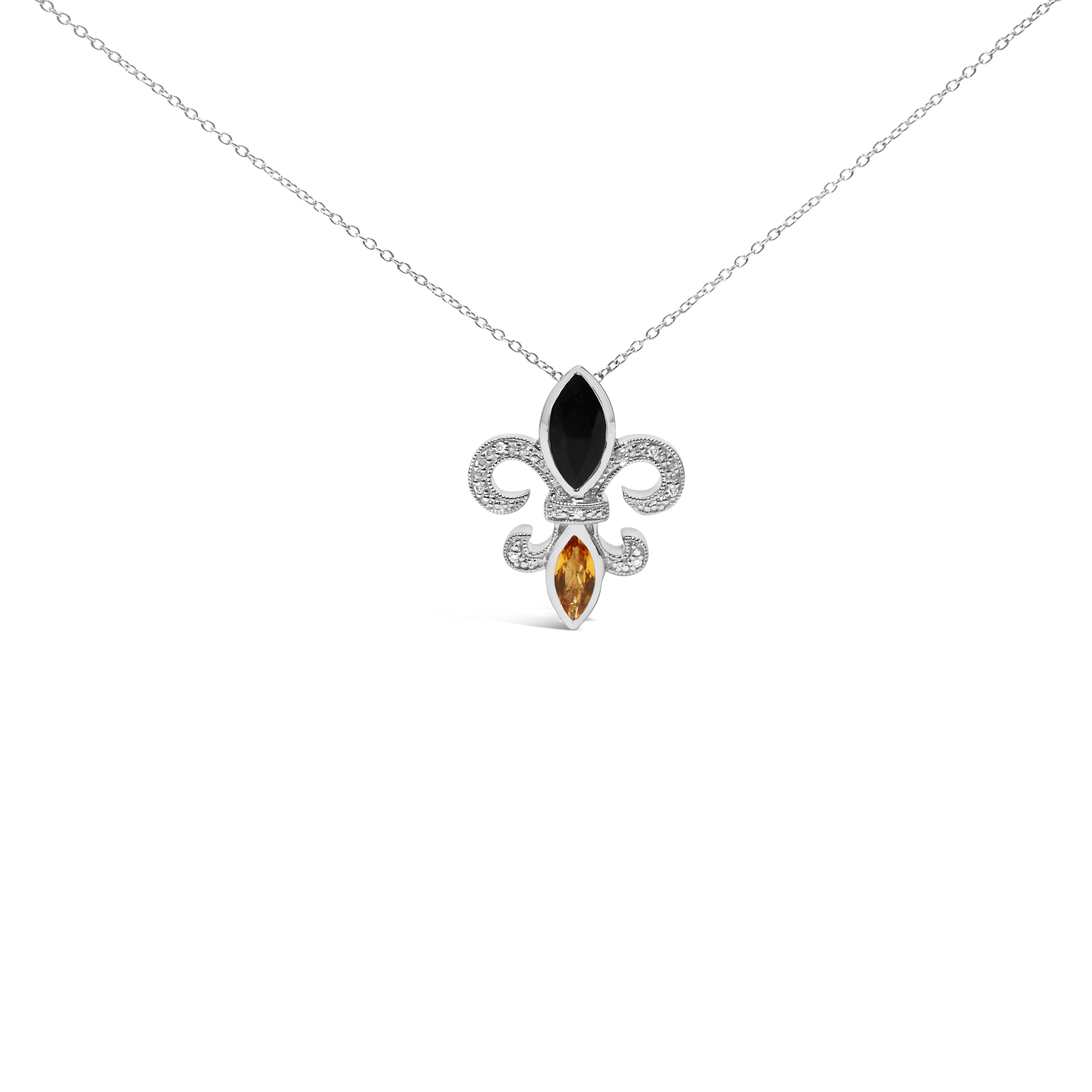 .925 Sterling Silver Marquise Onyx and Citrine and Diamond Accent Fleur De Lis Pendant Necklace H-I Color, SI1-SI2 Clarity - 18" on sale at MyriadMart