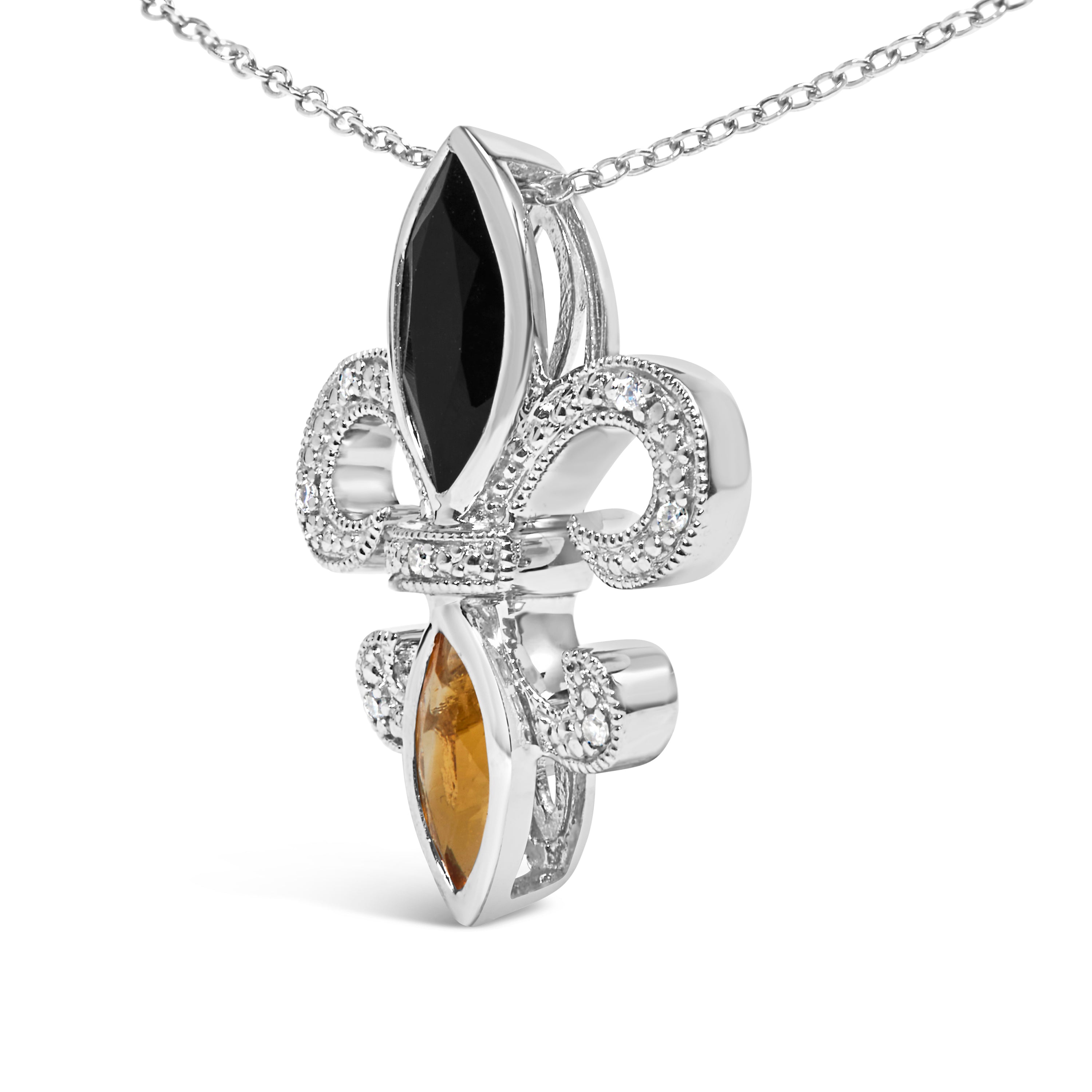 .925 Sterling Silver Marquise Onyx and Citrine and Diamond Accent Fleur De Lis Pendant Necklace H-I Color, SI1-SI2 Clarity - 18" on sale at MyriadMart