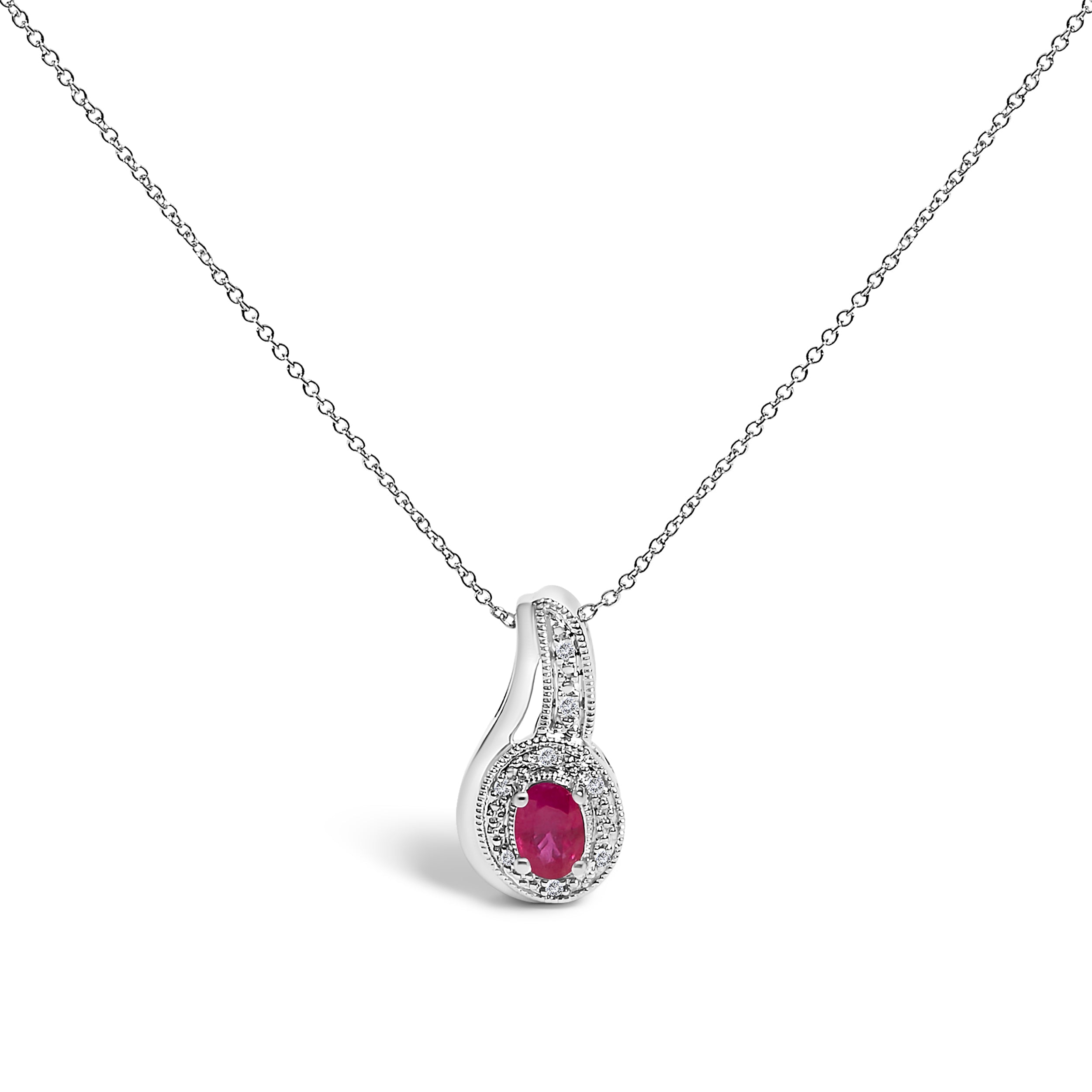 .925 Sterling Silver Red Ruby and Diamond Accent Milgrain Swirl Pendant Necklace - 18" Inches on sale at MyriadMart